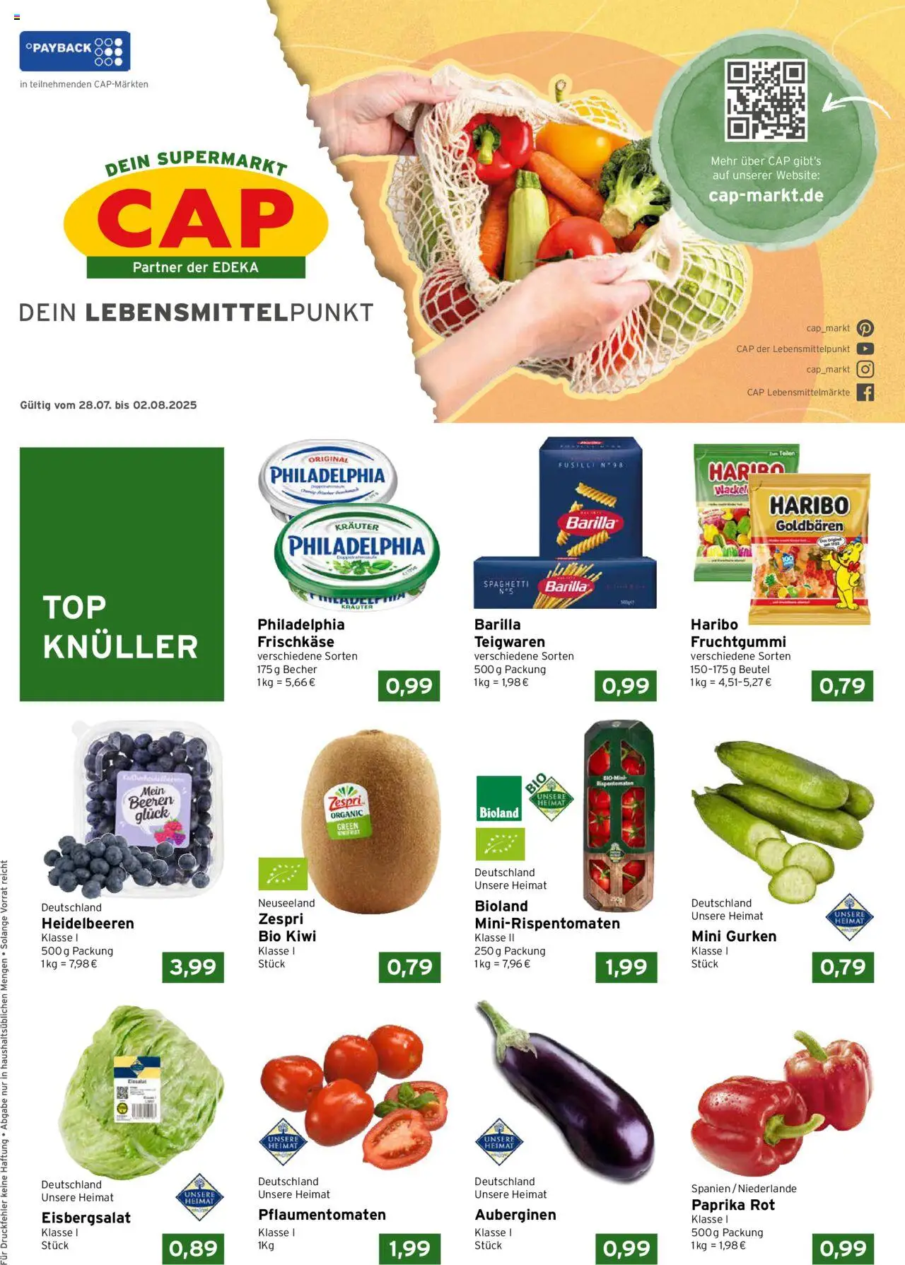 CAP Markt Prospekt - gültig ab dem 28.07.2025 | Seite: 1 | Produkte: Barilla, Philadelphia, Heidelbeeren, Frischkase