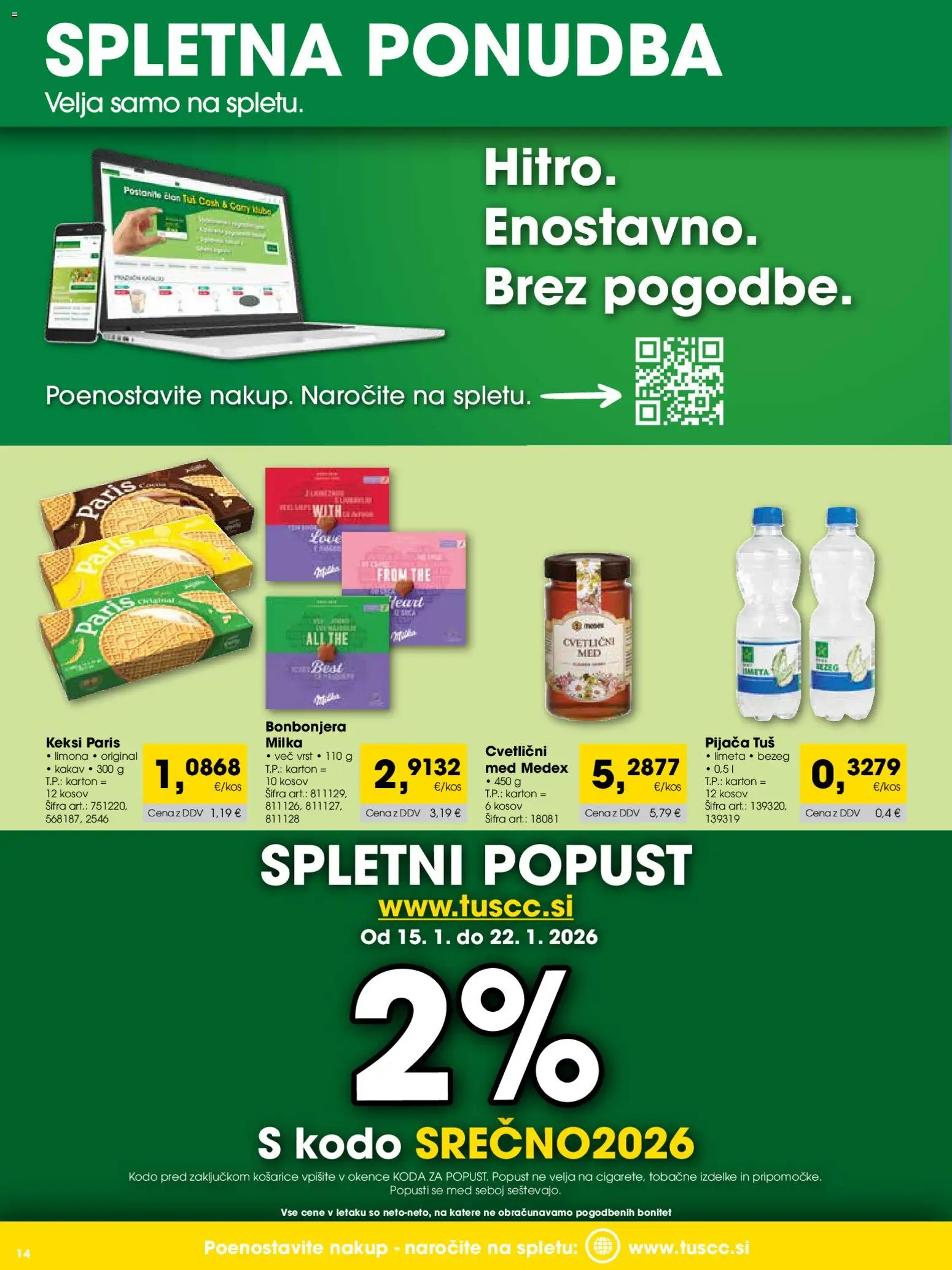 Novi Tuš katalog ponudbe – veljaven od 01.01.2026 | Stran: 14 | Izdelki: Limeta, Keksi, Kakav, Limona