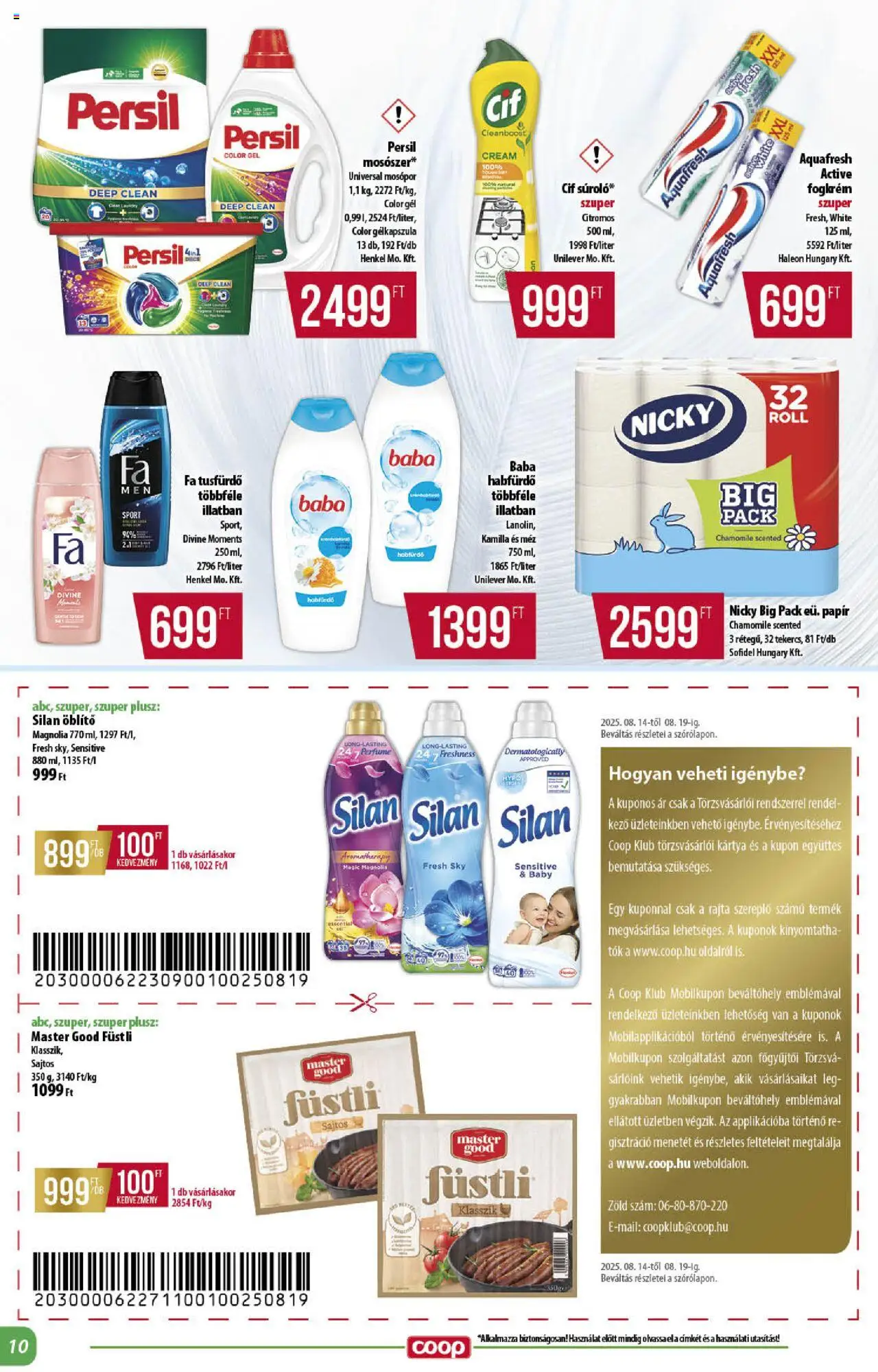 COOP akciós ujság - amely érvényes a következő dátumtól: 14.08.2025 | Oldal: 10 | Termékek: Habfürdő, Öblítő, Fogkrém, Mosószer