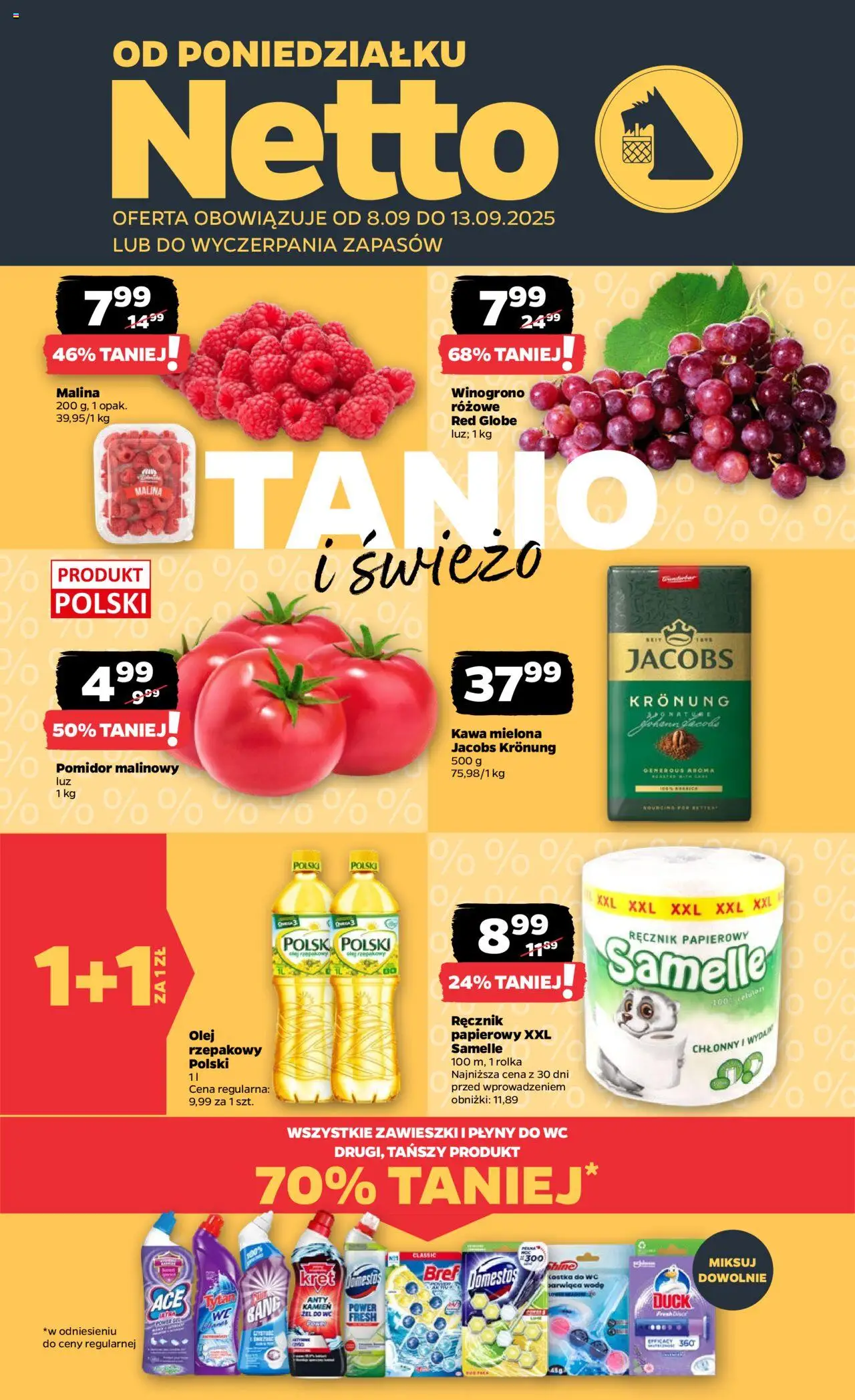 Netto gazetka - Spożywcza od 08.09.2025 | Strona: 1 | Produkty: Olej rzepakowy, Domestos, Olej, Kawa