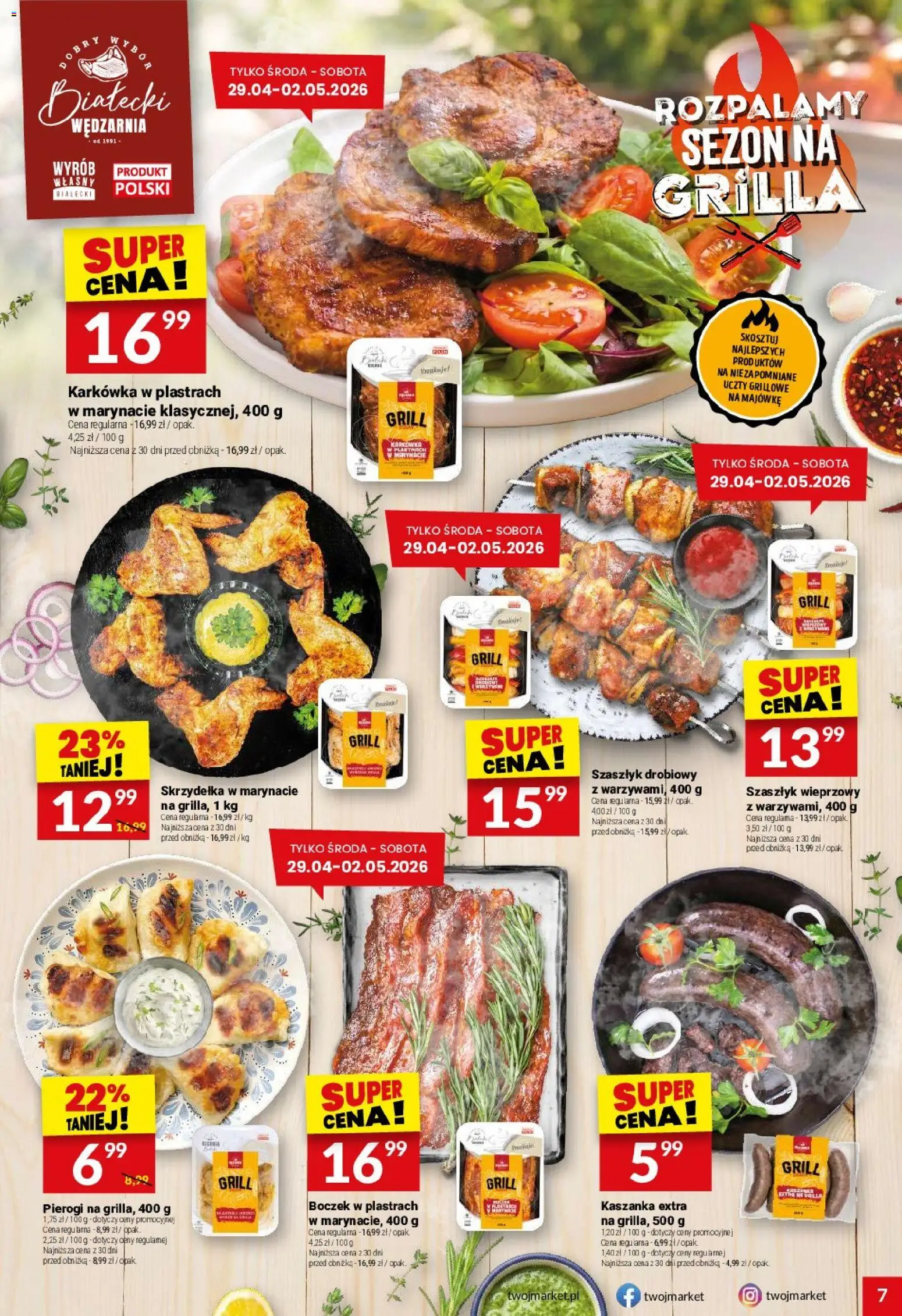 Twój Market gazetka od 28.04.2026 | Strona: 7 | Produkty: Karkówka, Pierogi, Kaszanka, Boczek