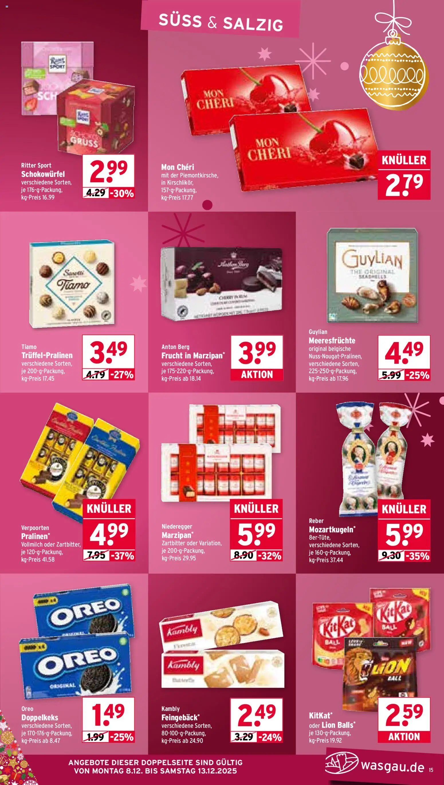 Wasgau Prospekt 	 – gültig ab 08.12.2025 | Seite: 15 | Produkte: Ritter sport, Meeresfrüchte, Mon cheri