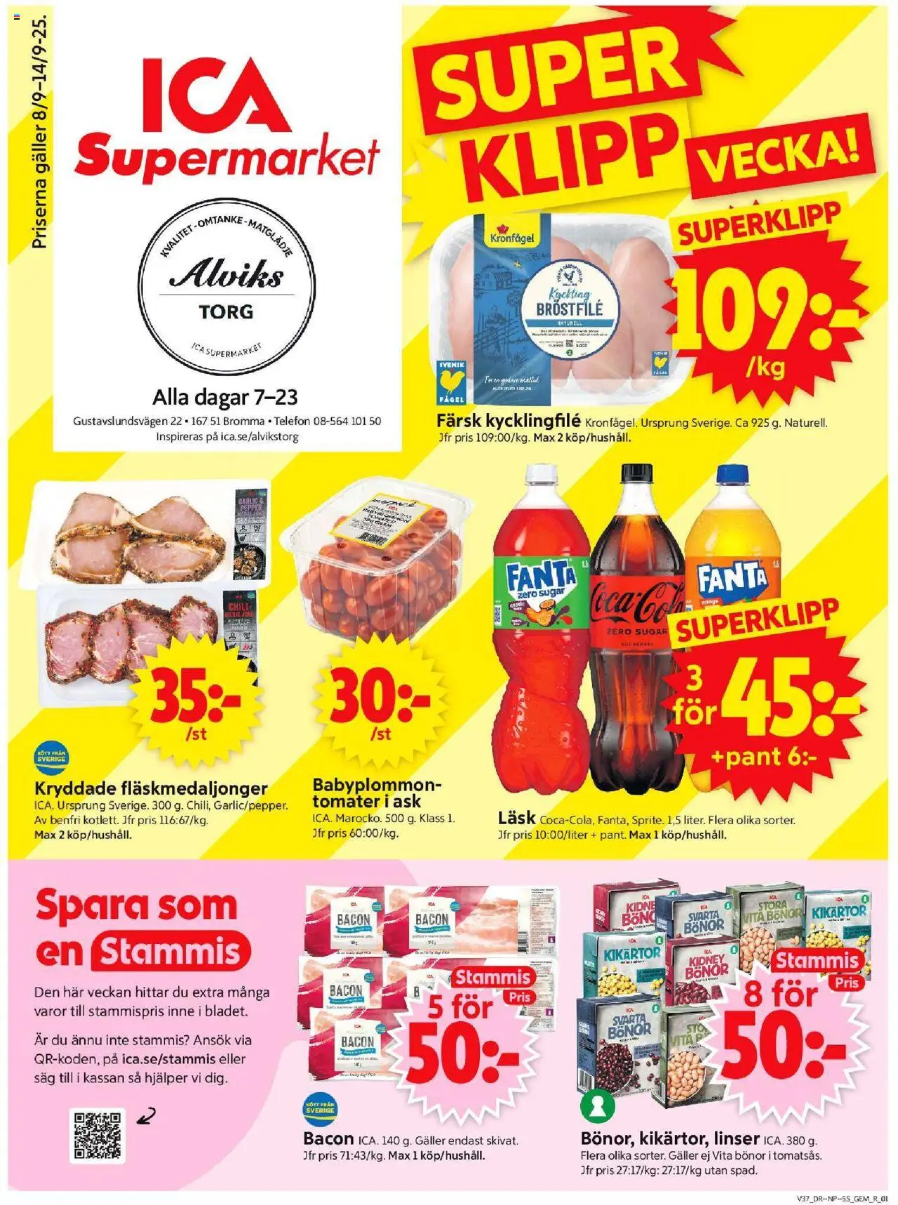 ICA Supermarket reklamblad aktuell från 08.09.2025 | Sida: 1 | Produkter: Bacon, Tomater, Telefon, Bönor