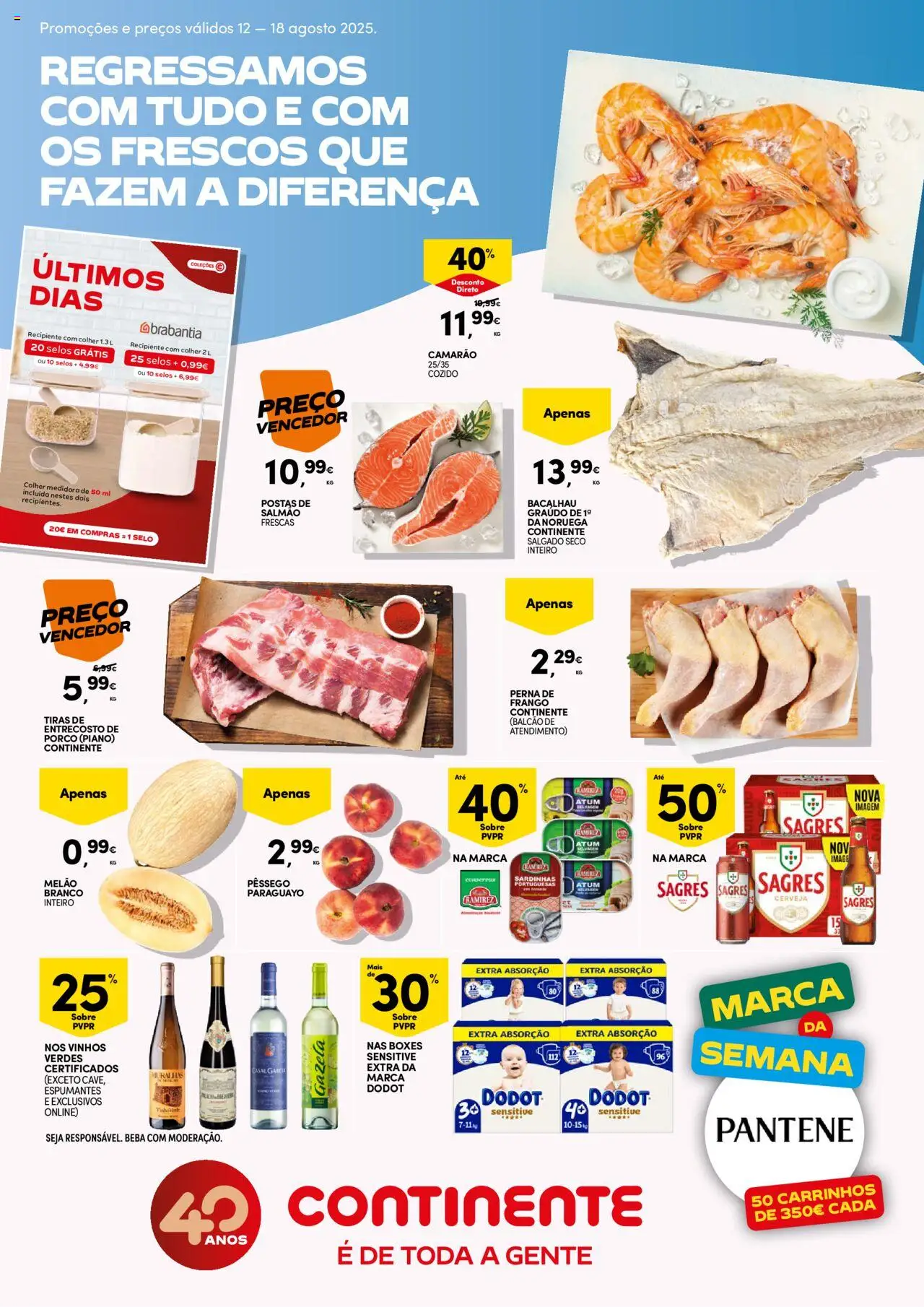 Continente Semanal Continente Bom Dia │ válido de 12.08.2025 | Página: 1 | Produtos: Camarão, Sardinhas, Cerveja, Colher medidora