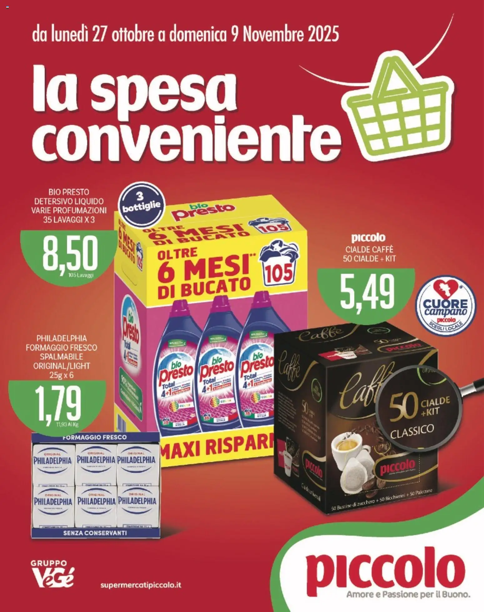 Volantino Piccolo del 27.11.2025 | Pagina: 1 | Prodotti: Caffè, Zucchero, Formaggio