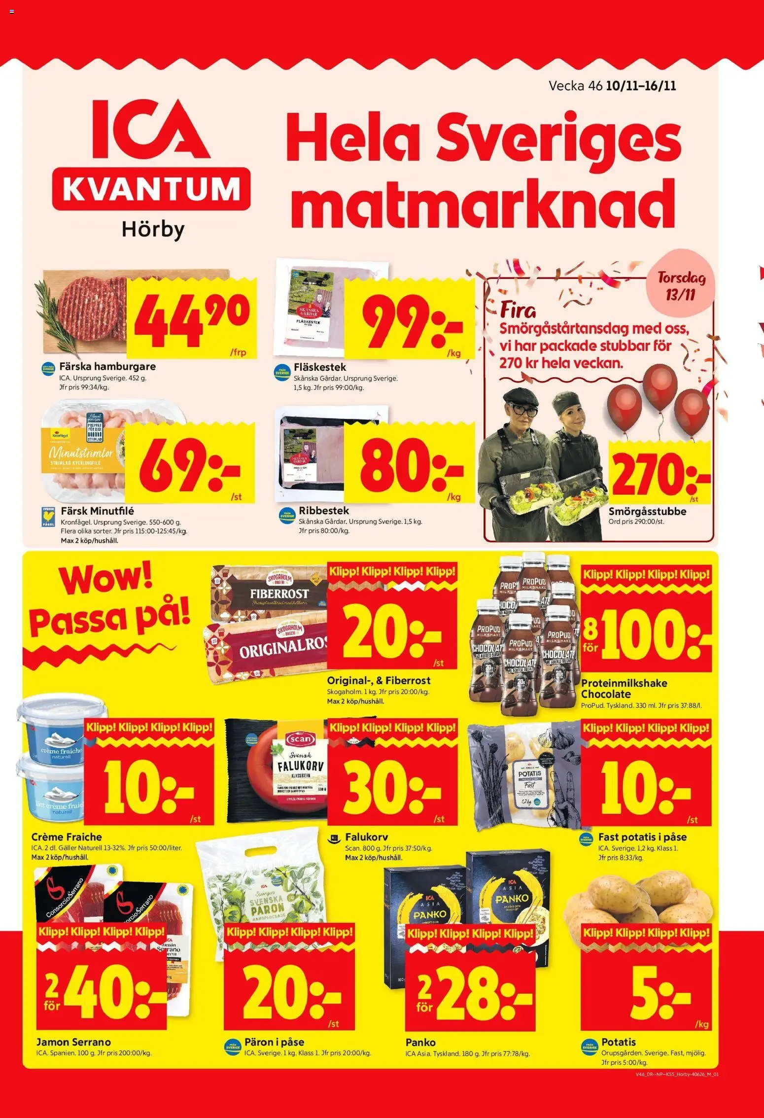 ICA Kvantum reklamblad aktuell från 10.11.2025 | Sida: 1 | Produkter: Hamburgare, Kycklingfile, Galler, Falukorv