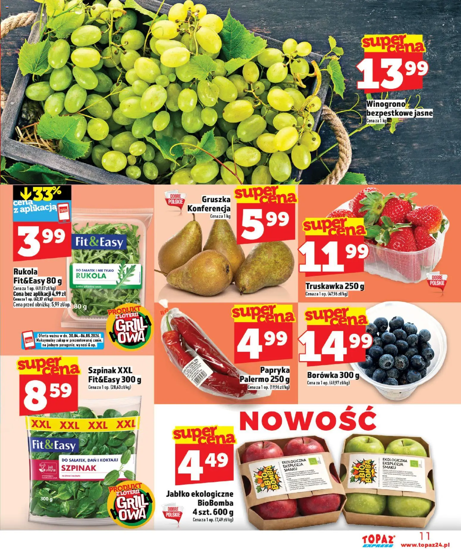 Topaz gazetka - Express od 30.04.2026 | Strona: 11 | Produkty: Gruszka, Winogrono, Rukola, Szpinak