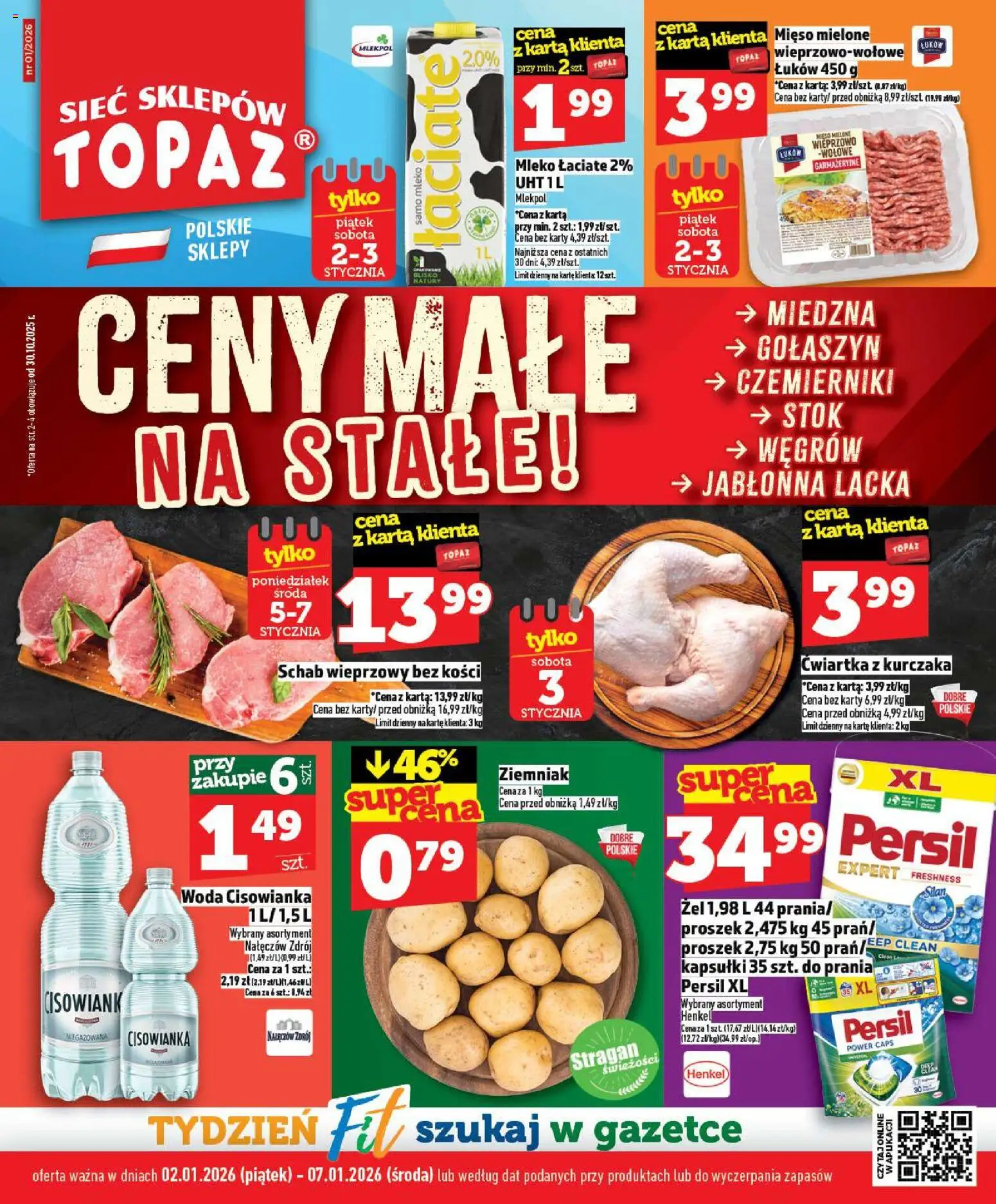 Topaz Gazetka - Ceny małe na stałe od 02.01.2026 | Strona: 1 | Produkty: Mięso, Schab wieprzowy, Mięso mielone, Ćwiartka z kurczaka