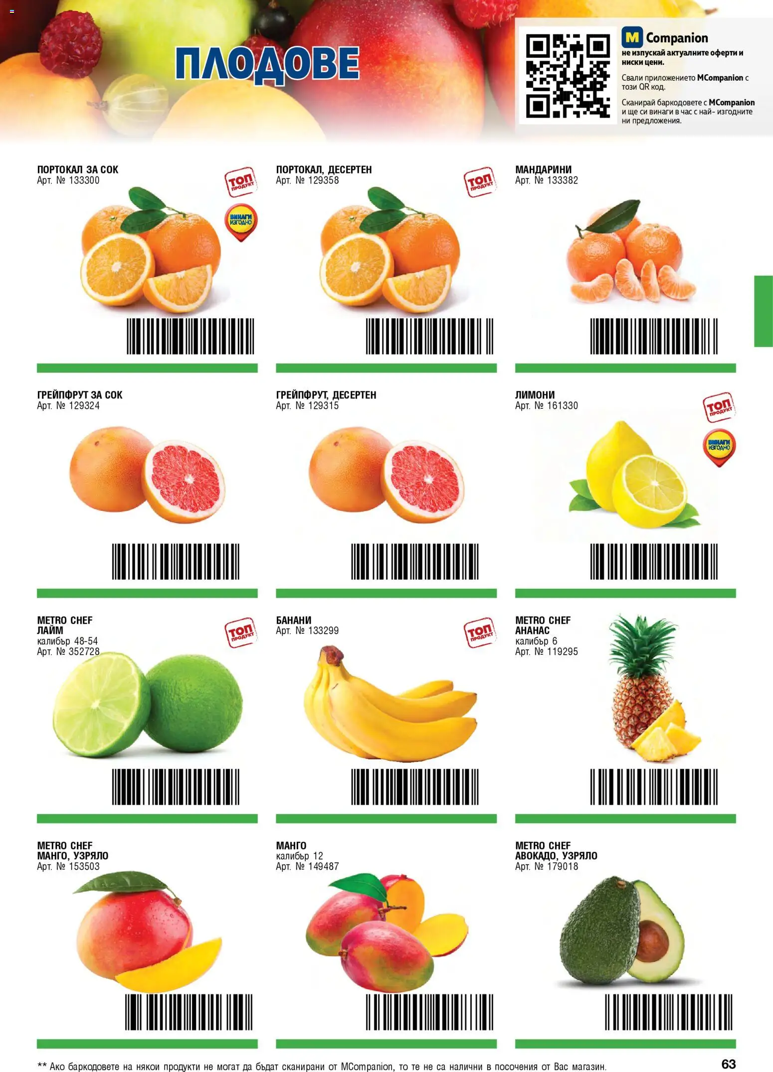 {H1} | Страница: 63 | Продукти: Плодове, Портокал, Банани, Мандарини