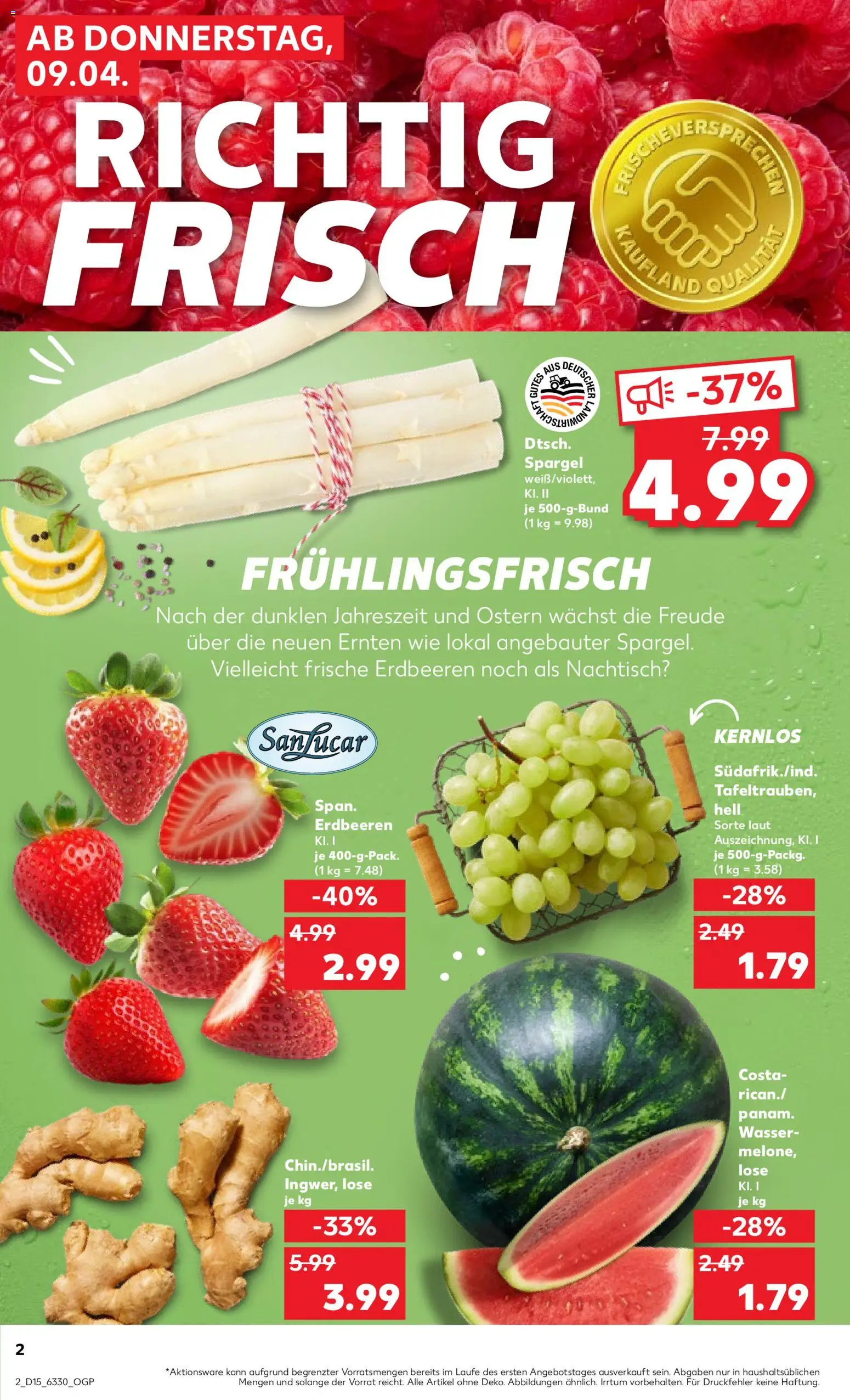 Kaufland Prospekt Kiel	 – gültig ab 09.04.2026 | Seite: 2 | Produkte: Spargel, Wasser, Erdbeeren