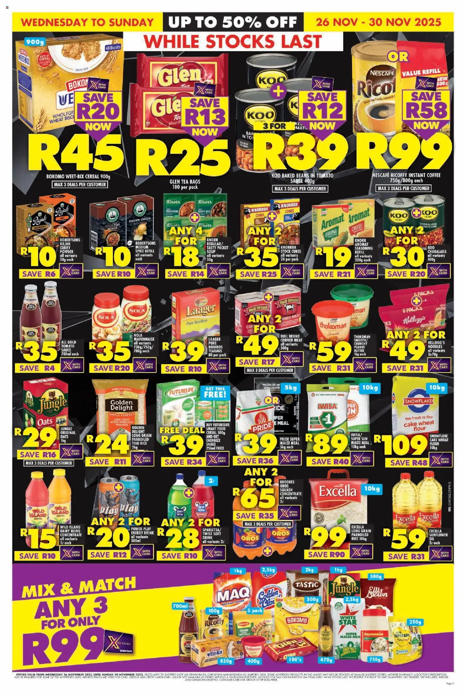 New Shoprite catalogue – valid from 26.11.2025 | Page: 3 | Products: Squash, Maize meal, Biscuits, Estuche organizador de viaje