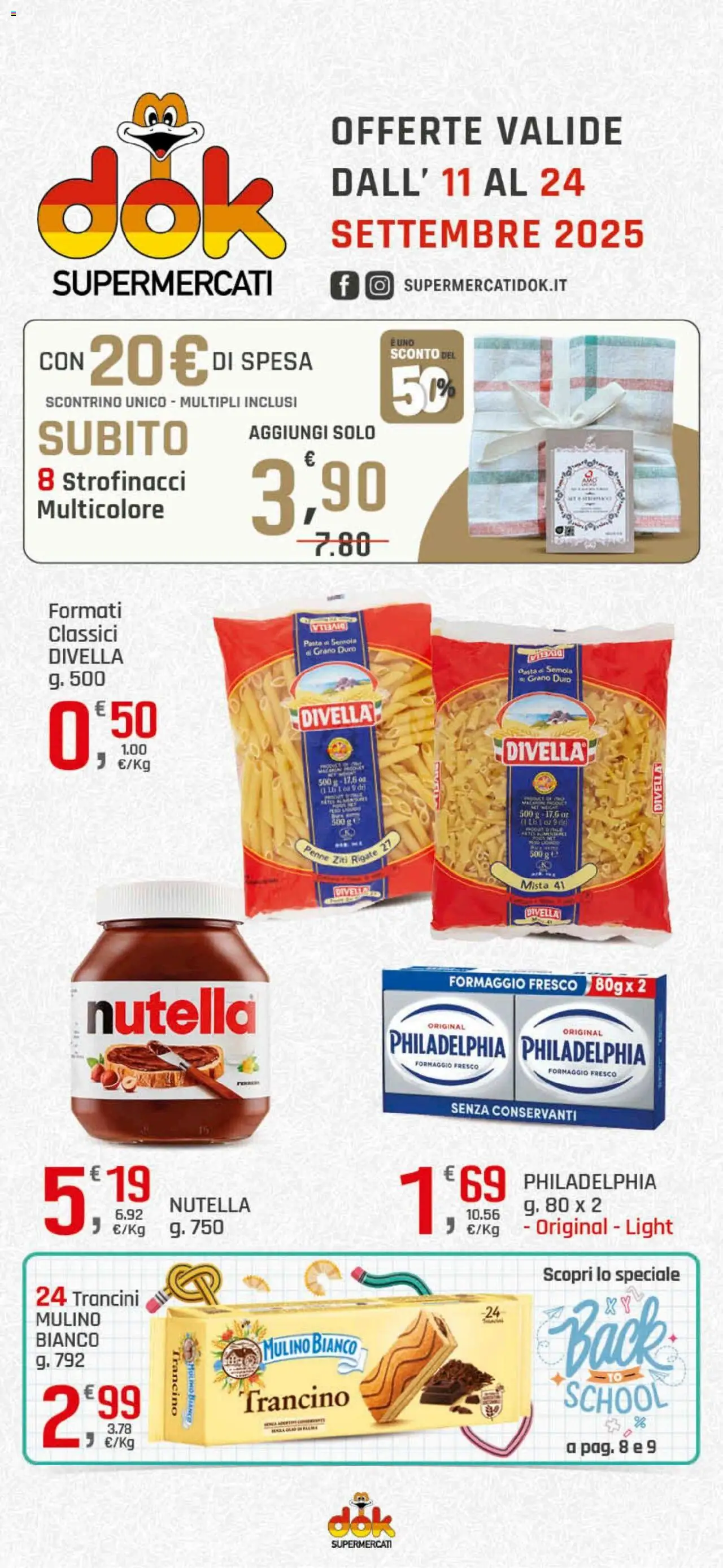 Volantino DOK del 11.09.2025 | Pagina: 1 | Prodotti: Formaggio, Pasta, Nutella, Strofinacci