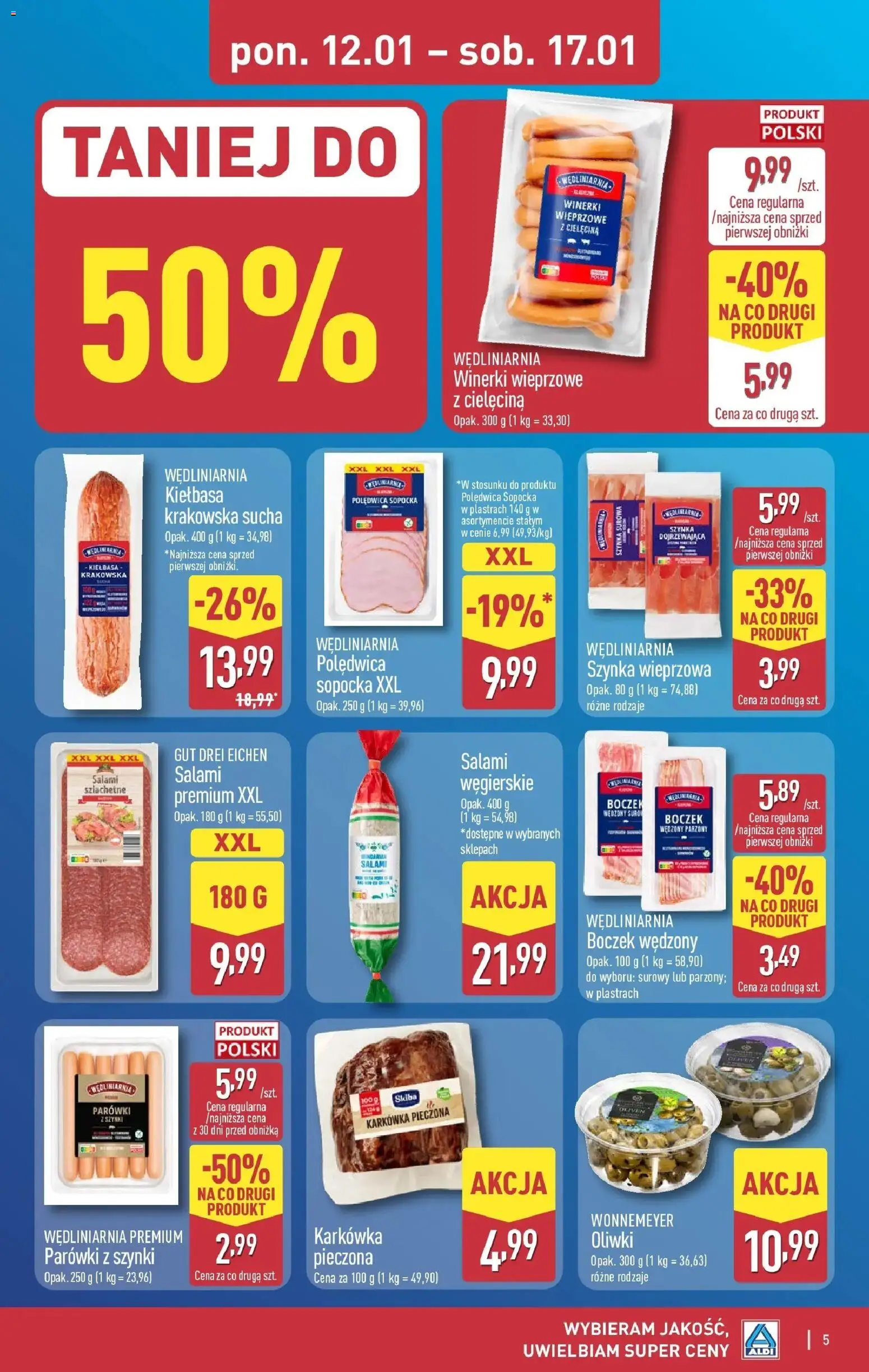 Aldi Gazetka od 12.01.2026 | Strona: 5 | Produkty: Kiełbasa, Karkówka, Parówki, Boczek wędzony