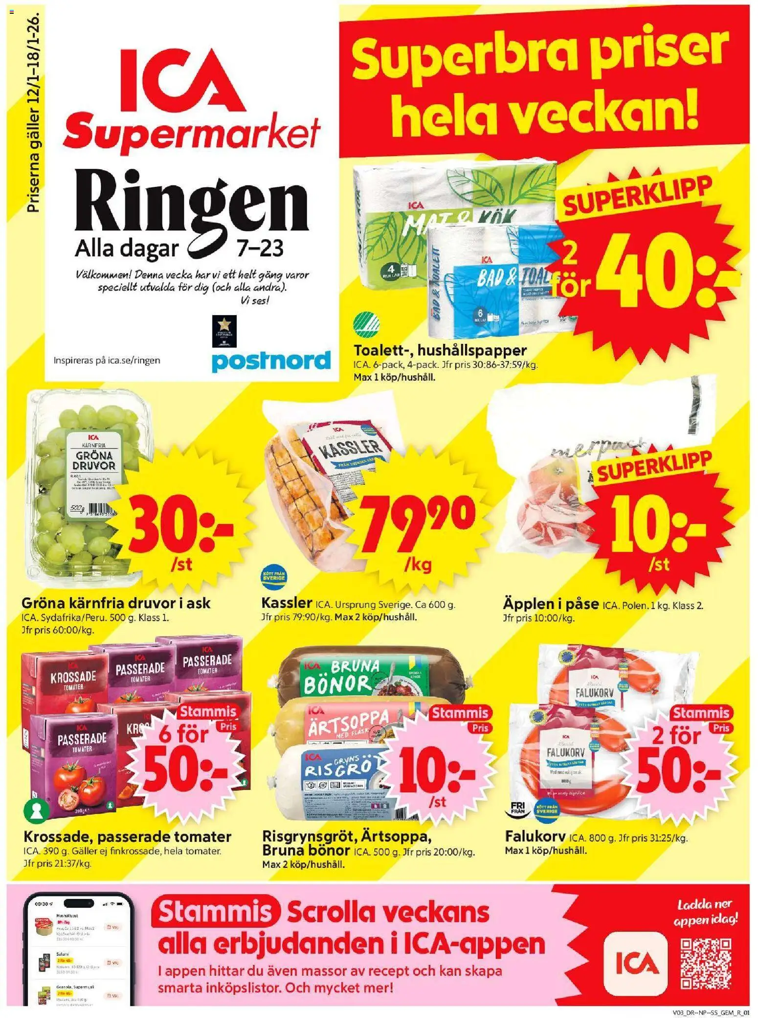 ICA Supermarket reklamblad aktuell från 12.01.2026 | Sida: 1 | Produkter: Hushållspapper, Galler, Salami, Bönor