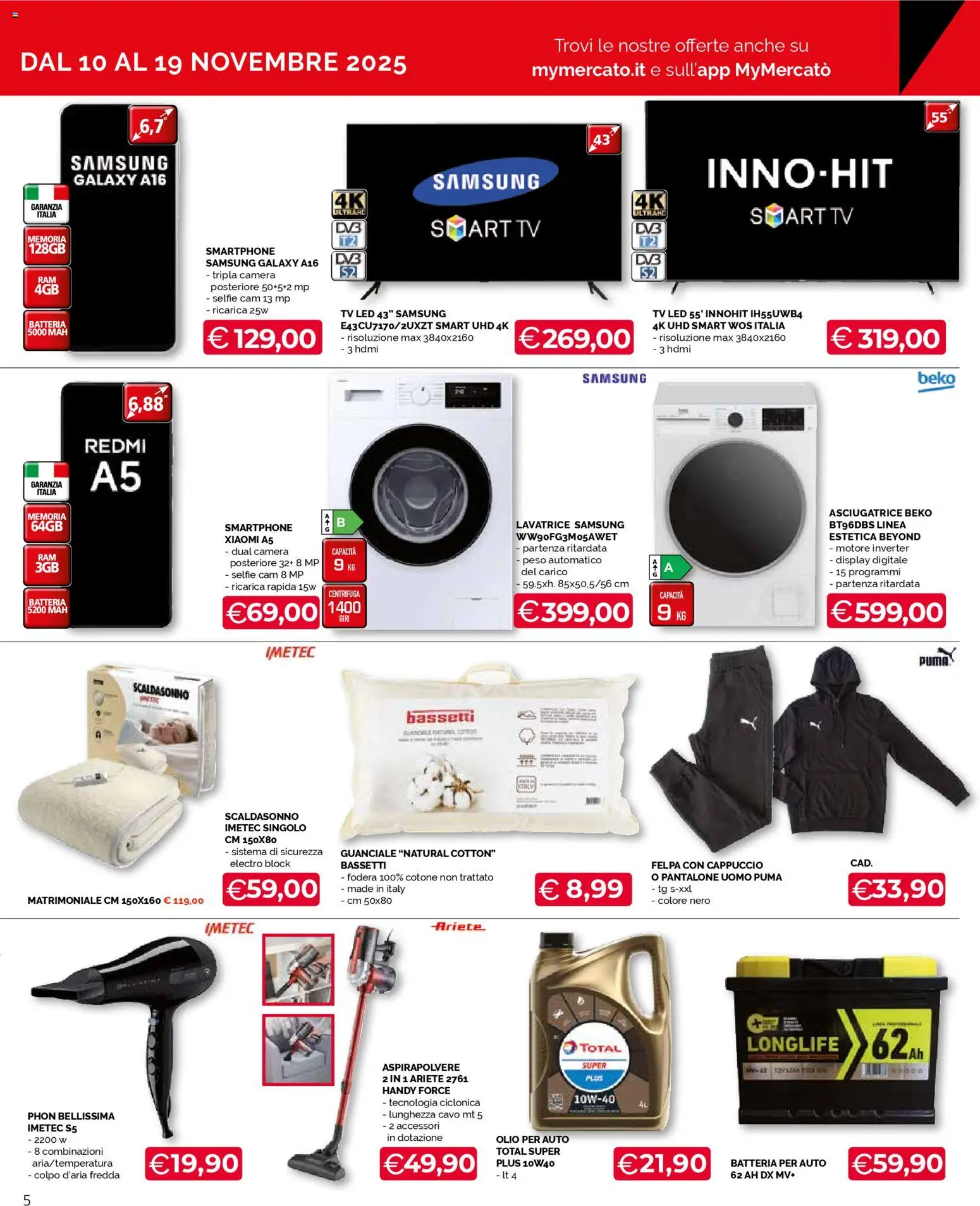 Volantino Mercatò del 10.11.2025 | Pagina: 5 | Prodotti: smart TV, Olio, Asciugatrice, Samsung
