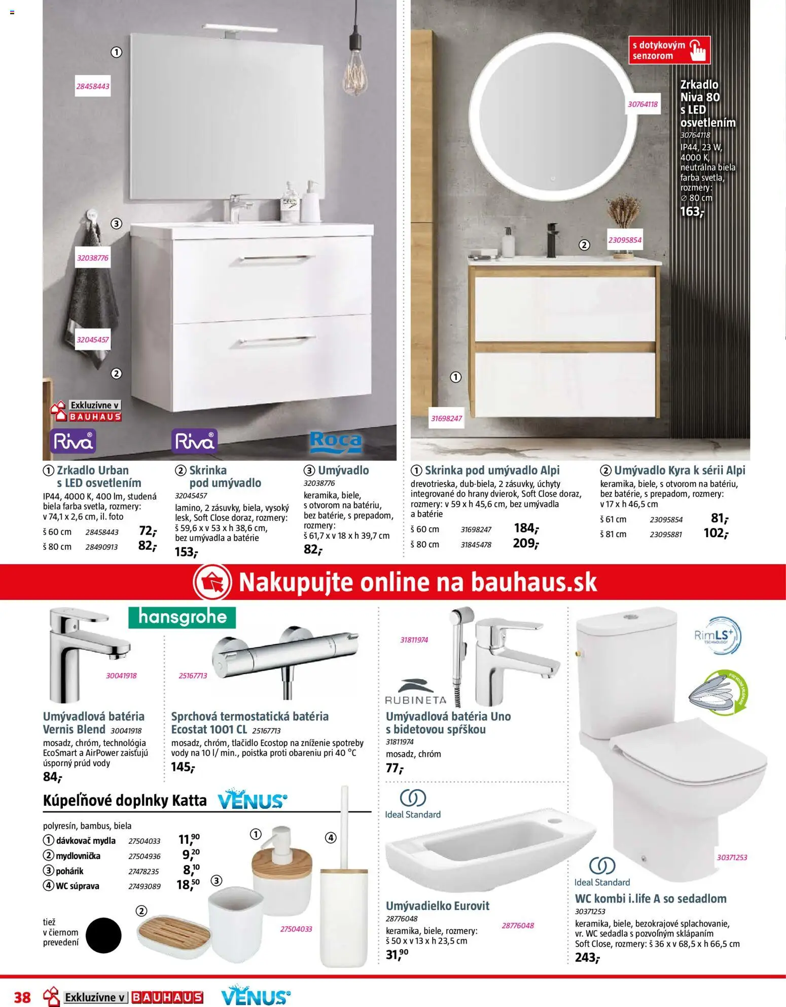 Nové Bauhaus akcie – leták je platný od 09.03.2026 | Strana: 38 | Produkty: Skrinka pod umývadlo, Zrkadlo, Skrinka, Wc