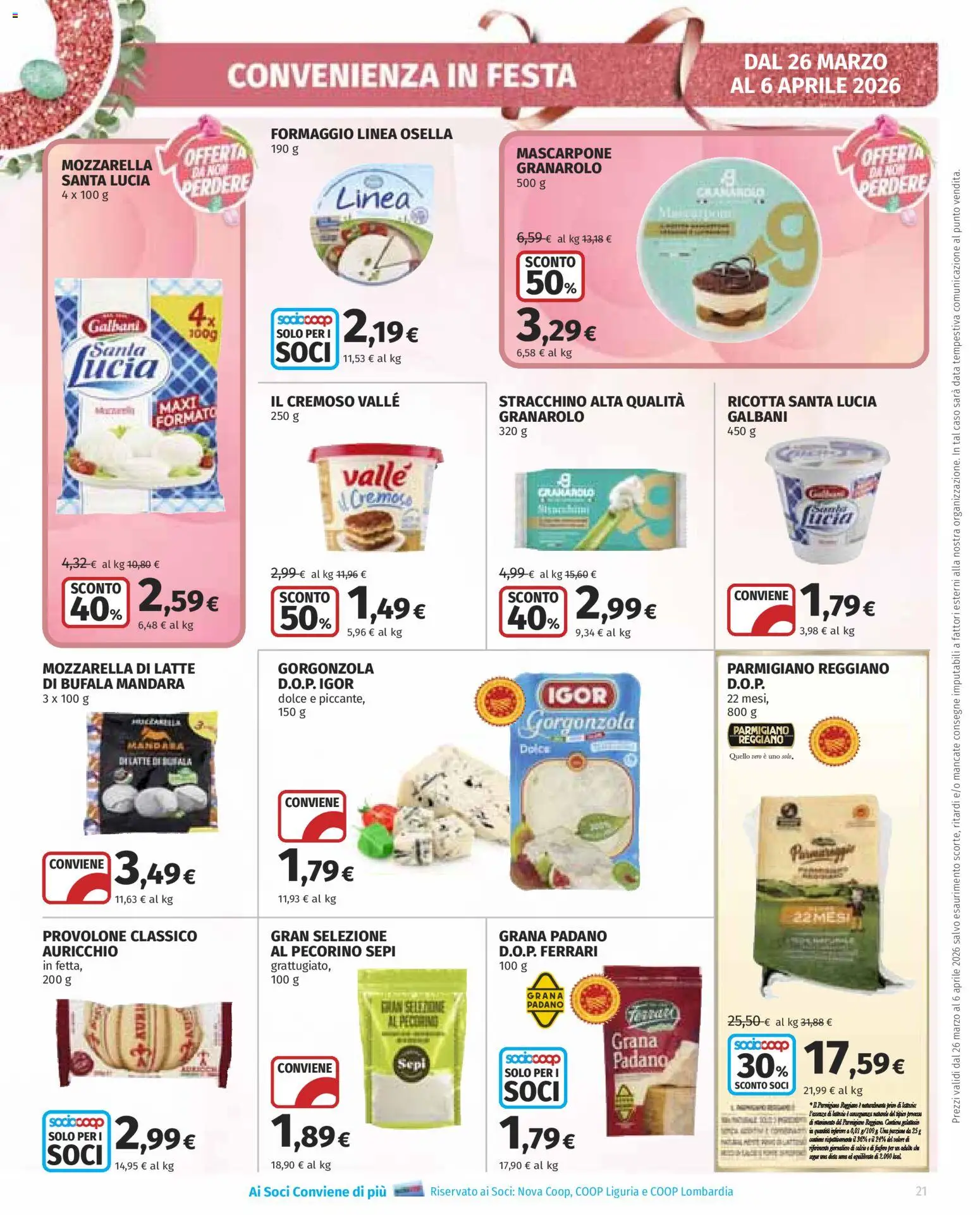 Volantino Ipercoop del 26.03.2026 | Pagina: 21 | Prodotti: Ricotta, Mascarpone, Parmigiano reggiano, Pecorino