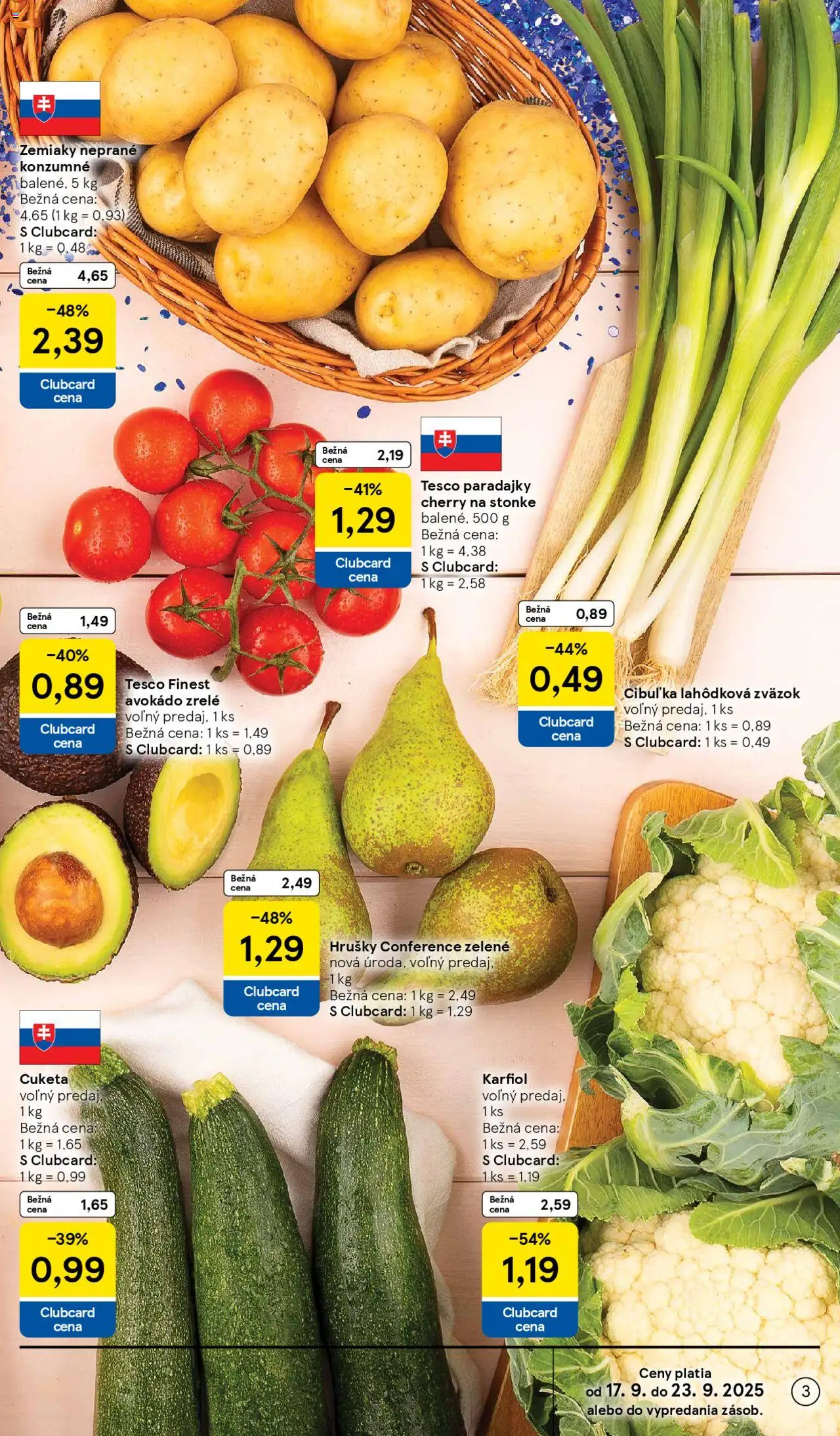 Nové Tesco akcie – leták je platný od 17.09.2025 | Strana: 3 | Produkty: Paradajky, Karfiol, Zemiaky, Hrušky