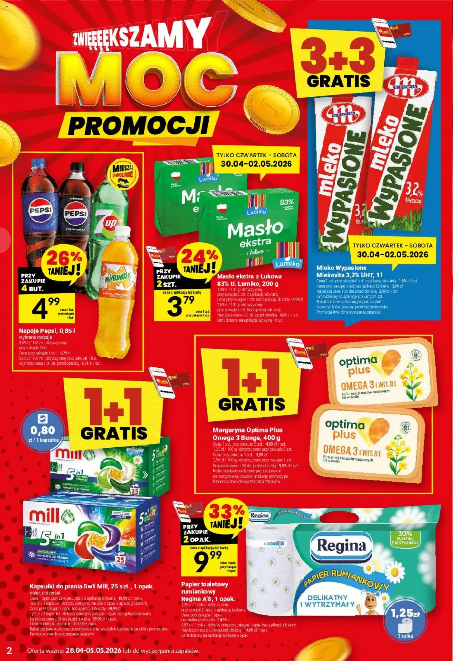 Twój Market gazetka od 28.04.2026 | Strona: 2 | Produkty: Papier toaletowy, Pepsi, Masło, Kapsułki do prania