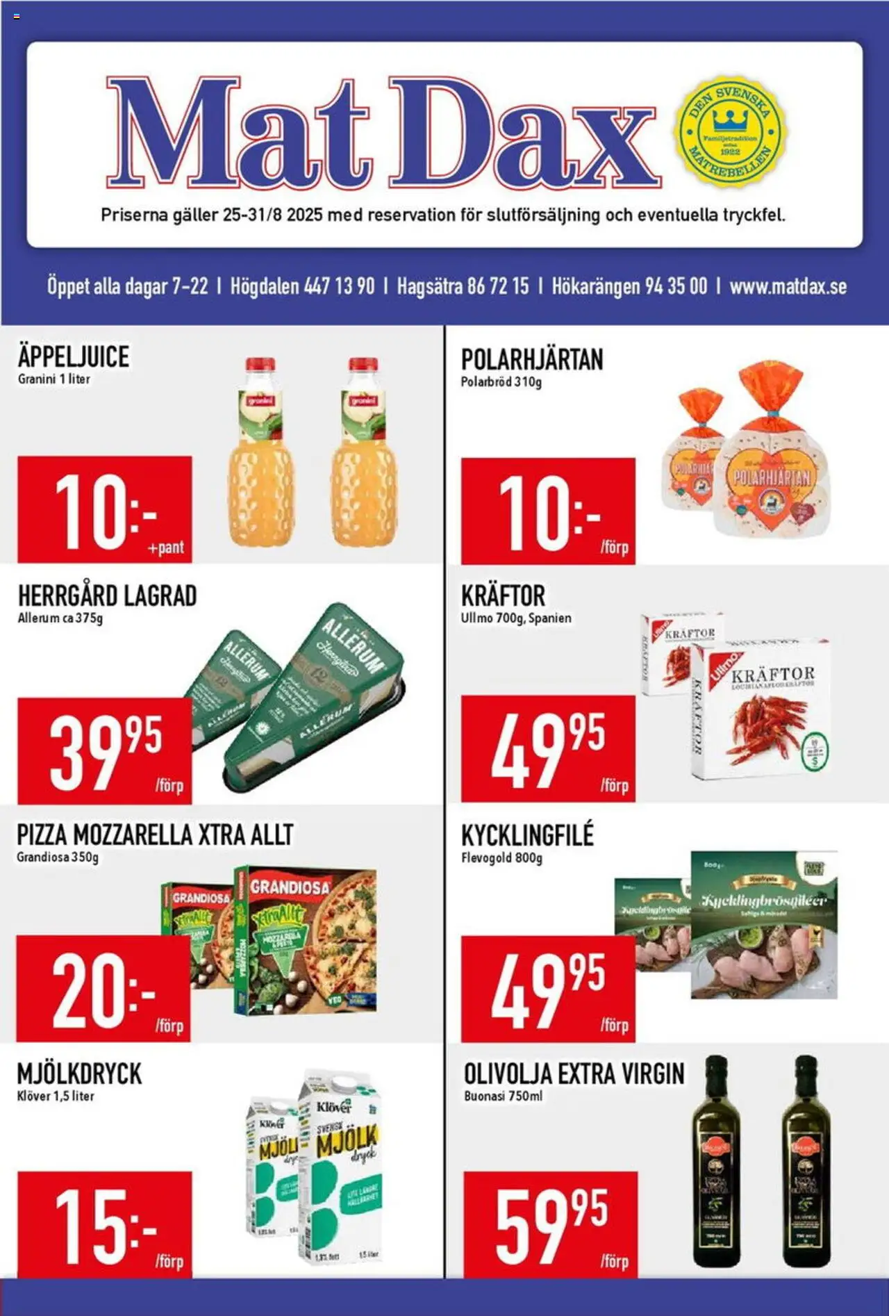 Matdax reklamblad aktuell från 25.08.2025 | Sida: 1 | Produkter: Kräftor, Galler, Mjölk, Olivolja