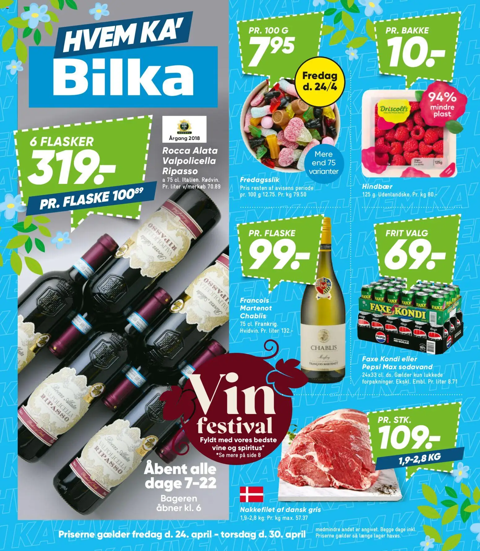 Bilka tilbudsavis – gyldig fra 24.04.2026 | Side: 1 | Produkter: Hindbær, Faxe Kondi, Pepsi, Pepsi Max