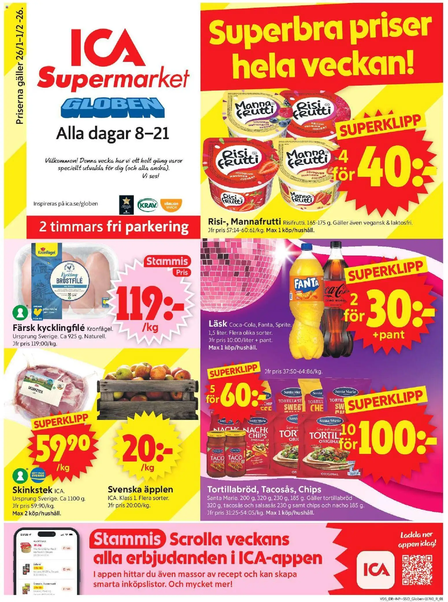 ICA Supermarket reklamblad aktuell från 26.01.2026 | Sida: 1 | Produkter: Kycklingfile, Galler, Chips, Fanta