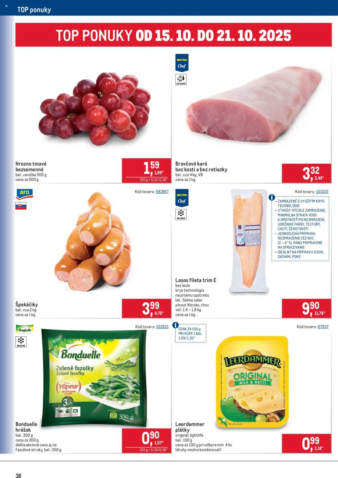Nové Metro akcie – leták je platný od 08.10.2025 | Strana: 38 | Produkty: Hrášok, Losos, Bravčové karé, Hrozno