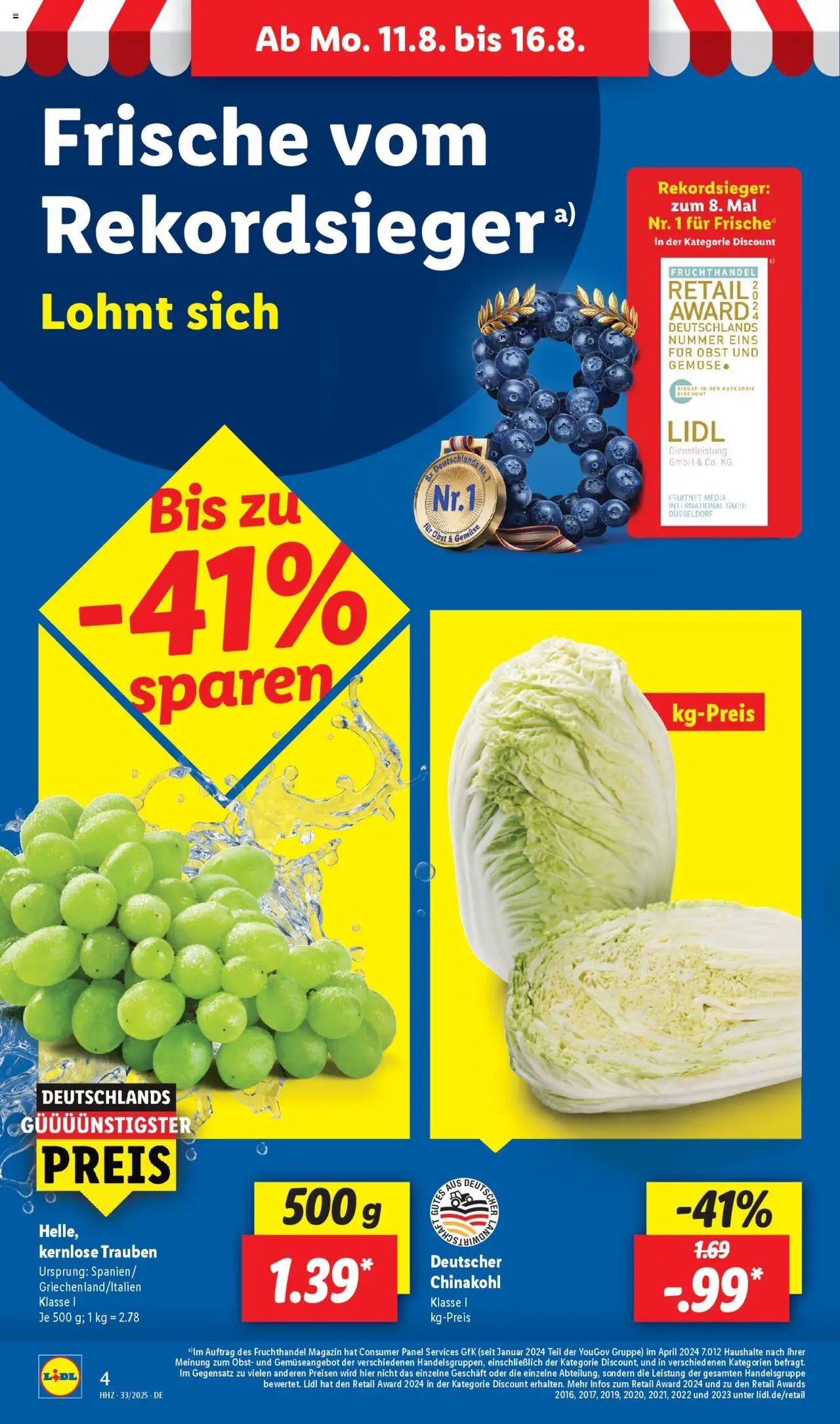 Lidl Prospekt 	 - gültig ab dem 11.08.2025 | Seite: 4 | Produkte: Trauben, Gemüse, Obst, Chinakohl