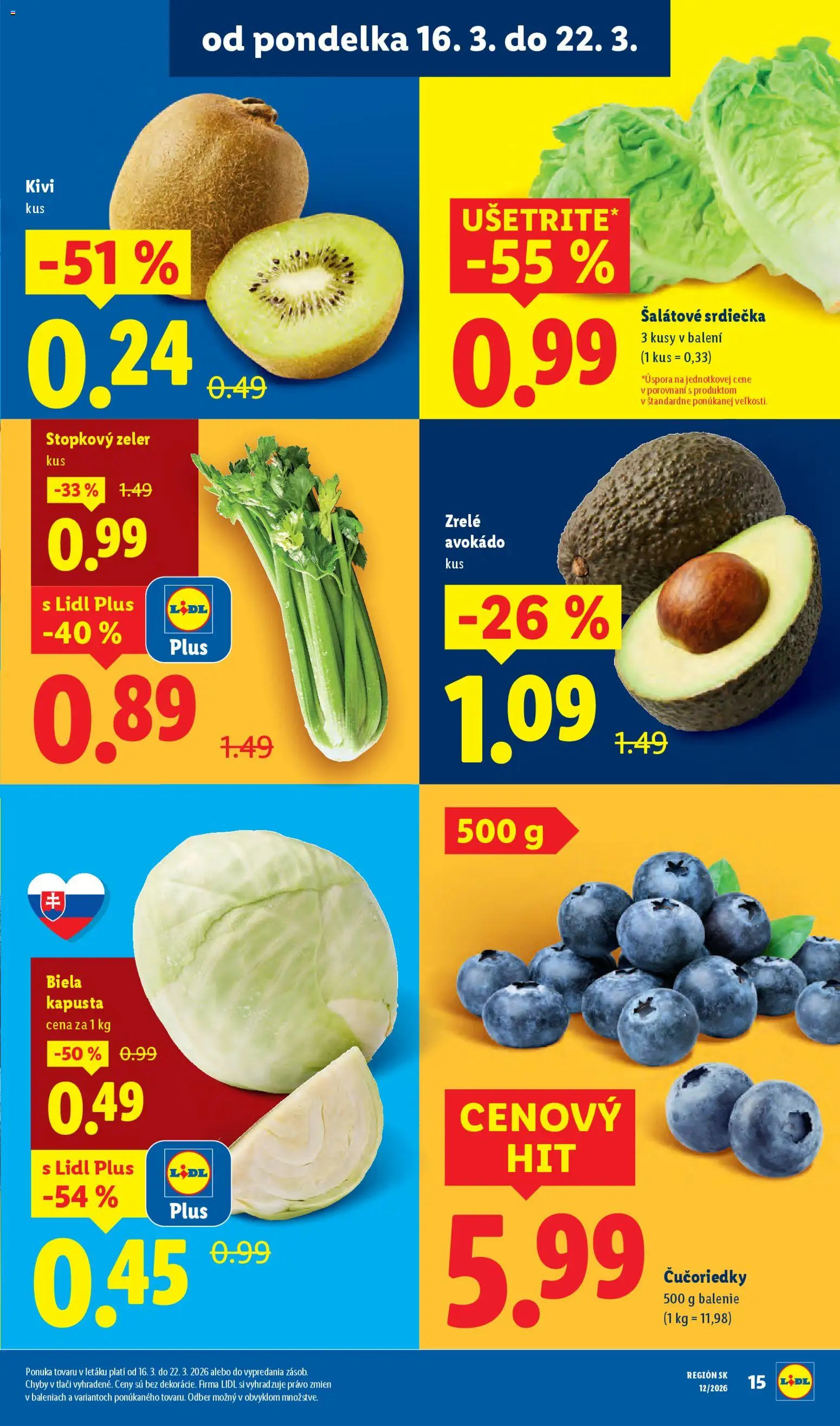 Nové Lidl akcie – leták je platný od 16.03.2026 | Strana: 9 | Produkty: Kapusta biela, Čučoriedky, Avokádo, Zeler