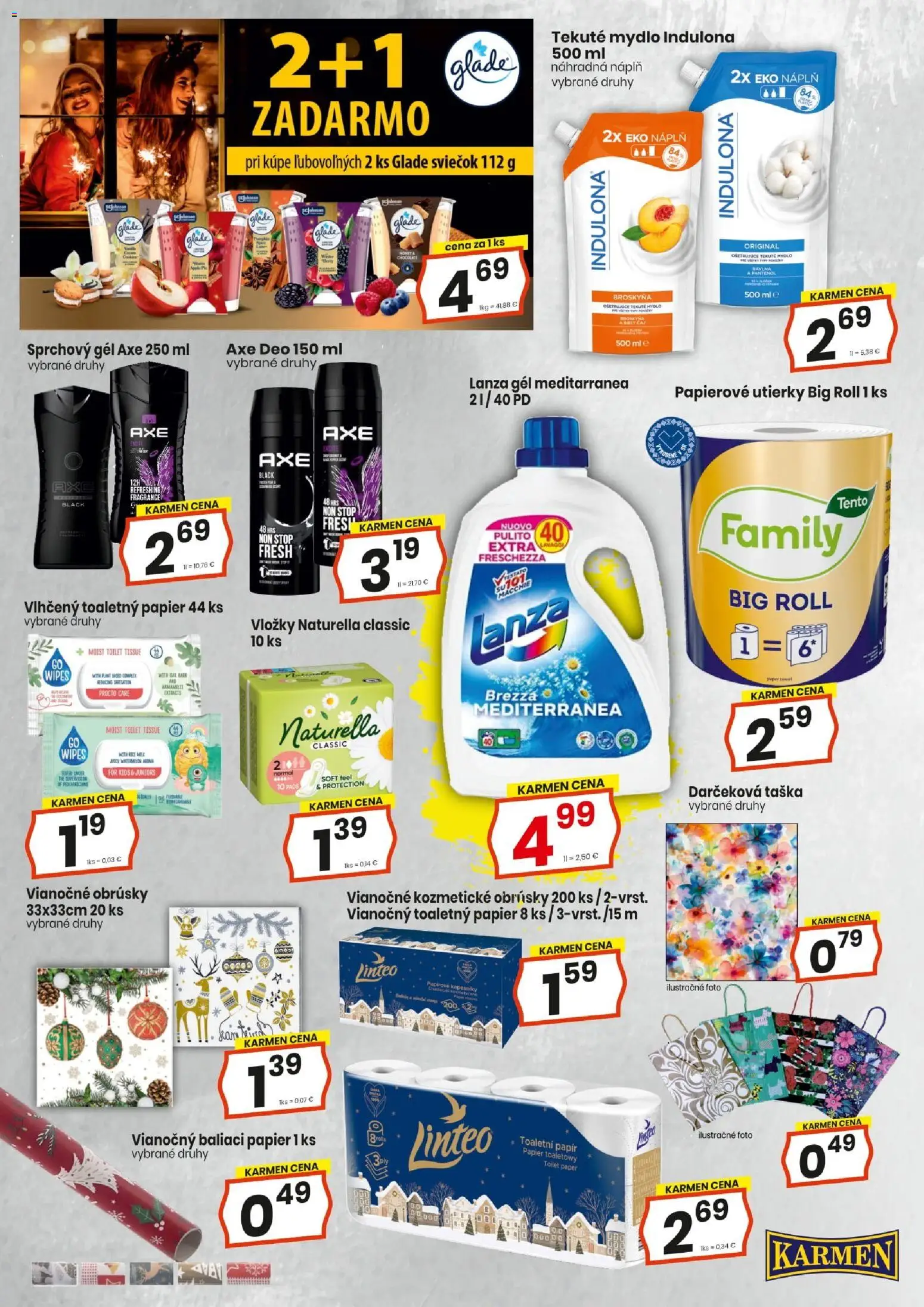 Nové KARMEN CBA akcie – leták je platný od 01.12.2025 | Strana: 21 | Produkty: Toaletný papier, Mydlo, Sprchový gél, Indulona