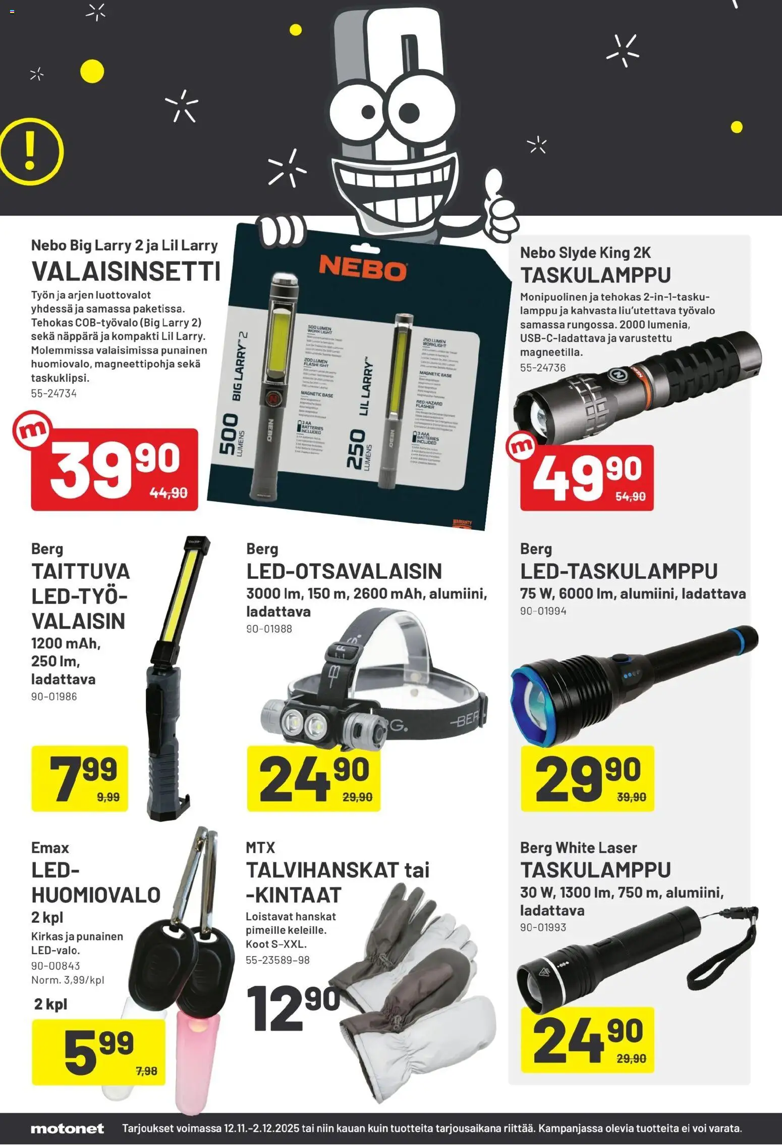 Motonet tarjoukset – voimassa 12.11.2025 alkaen | Sivu: 8 | Tuotteet: Lamppu, Voi, Taskulamppu, Hanskat