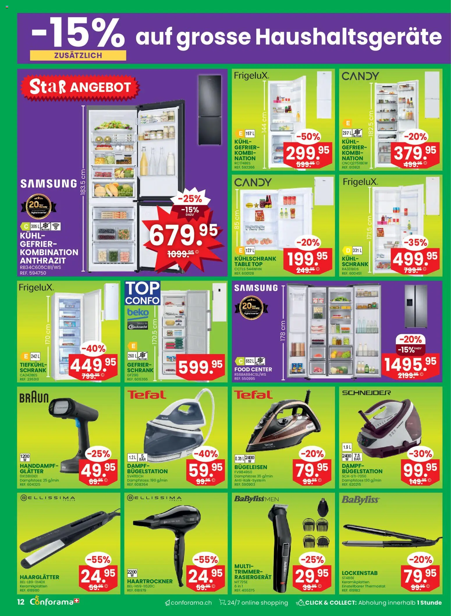 Conforama aktionen – gültig ab 08.04.2026 | Seite: 12 | Produkte: Lockenstab, Top, Samsung, Kühlschrank