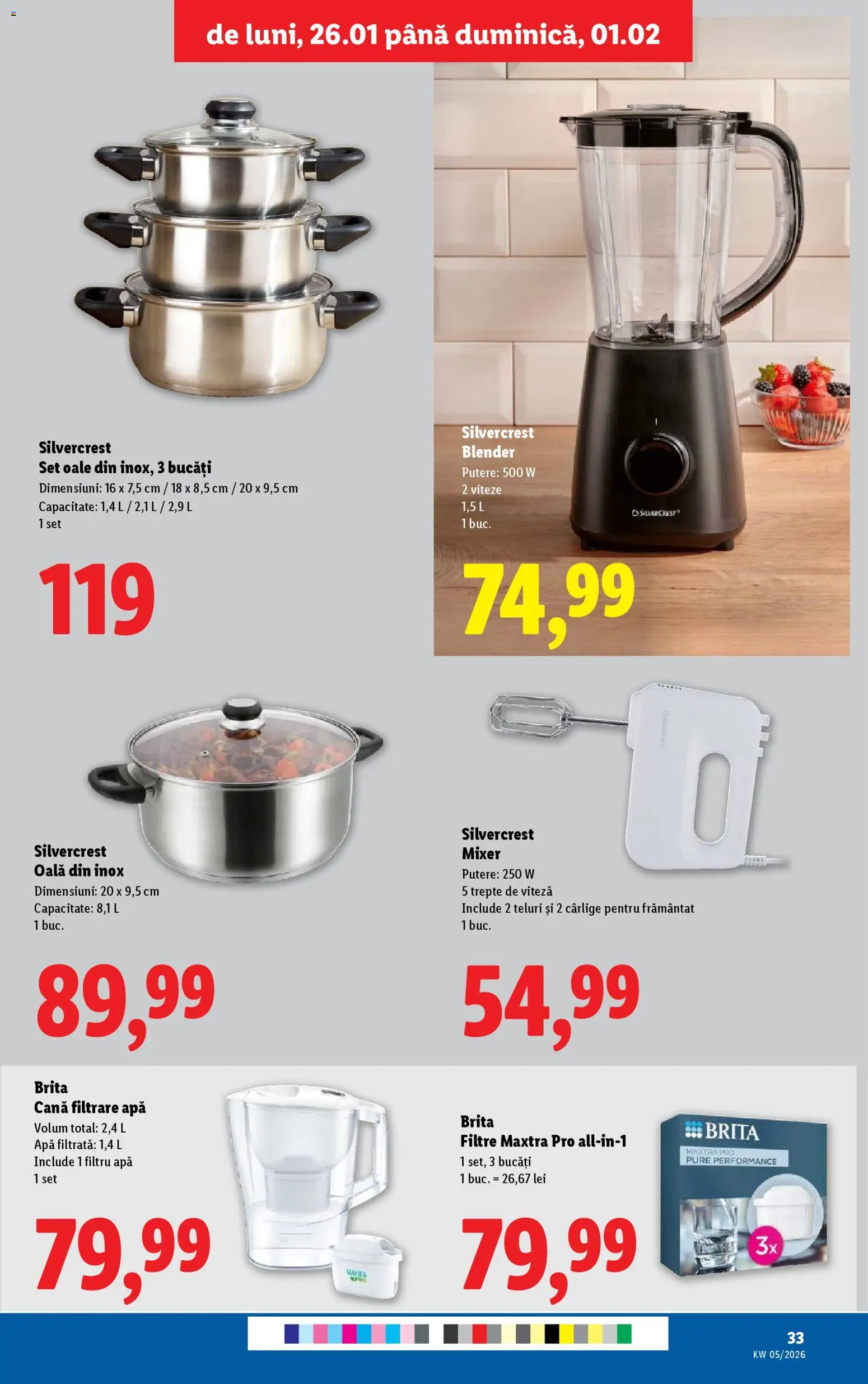 Noul catalog Lidl – valabil de la 26.01.2026 | Pagină: 33 | Produse: Blender, Oală, Filtru apă, Apă