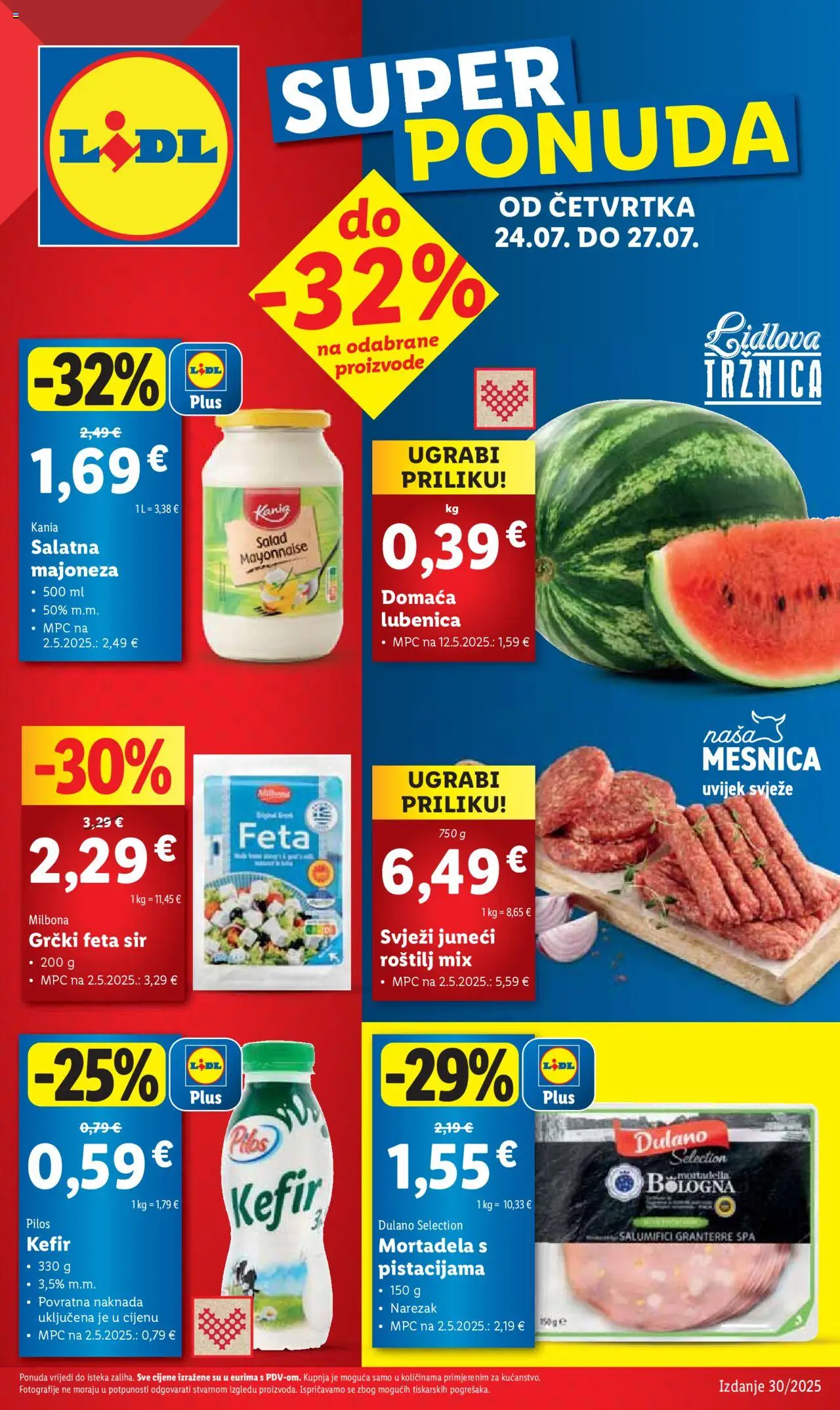 Lidl katalog | vrijedi od 24.07.2025 | Stranica: 1 | Proizvodi: Sir, Mortadela, Majoneza, Kefir