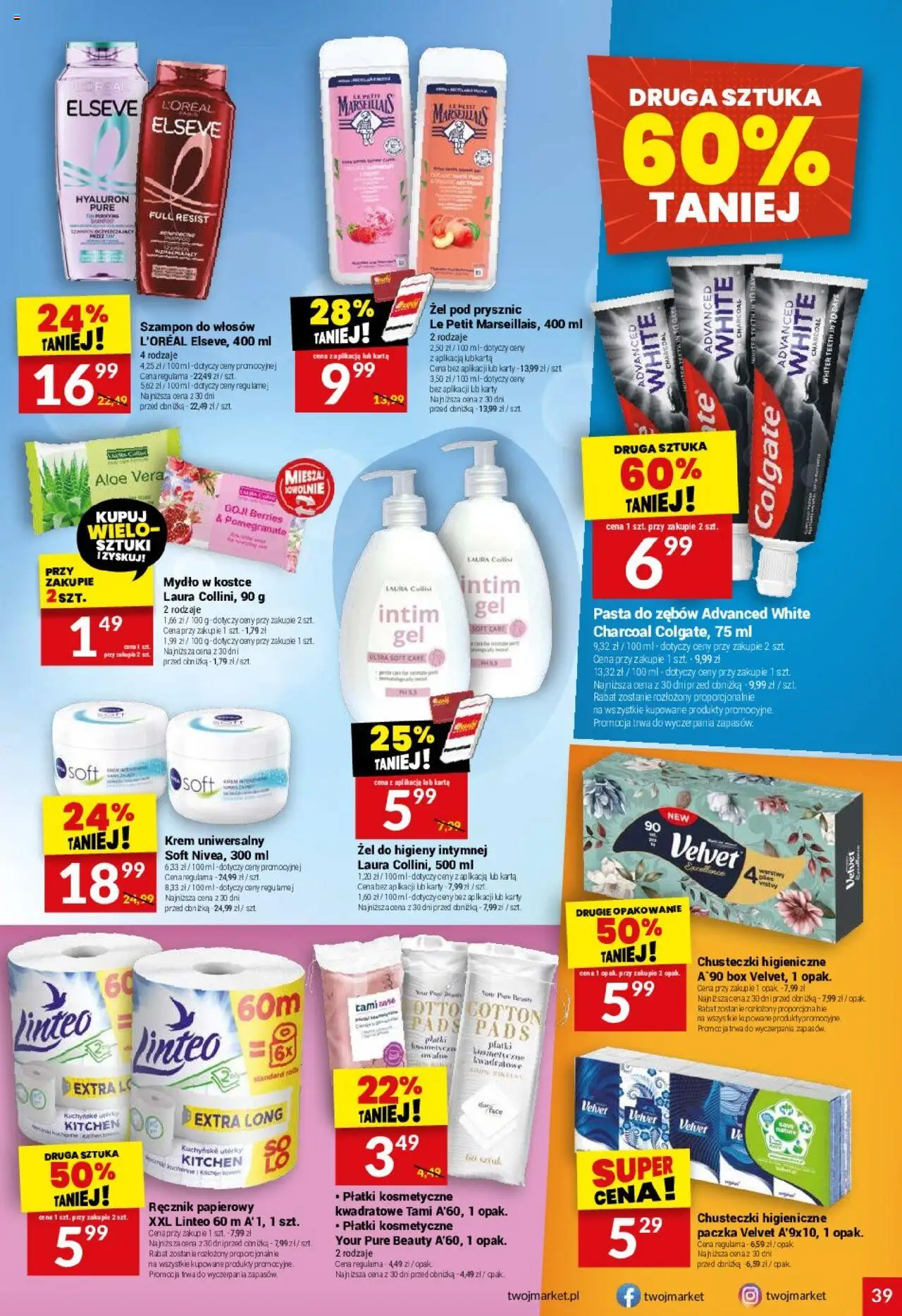 Twój Market Gazetka od 15.10.2025 | Strona: 39 | Produkty: Chusteczki higieniczne, Prysznic, Mydło, Żel pod prysznic