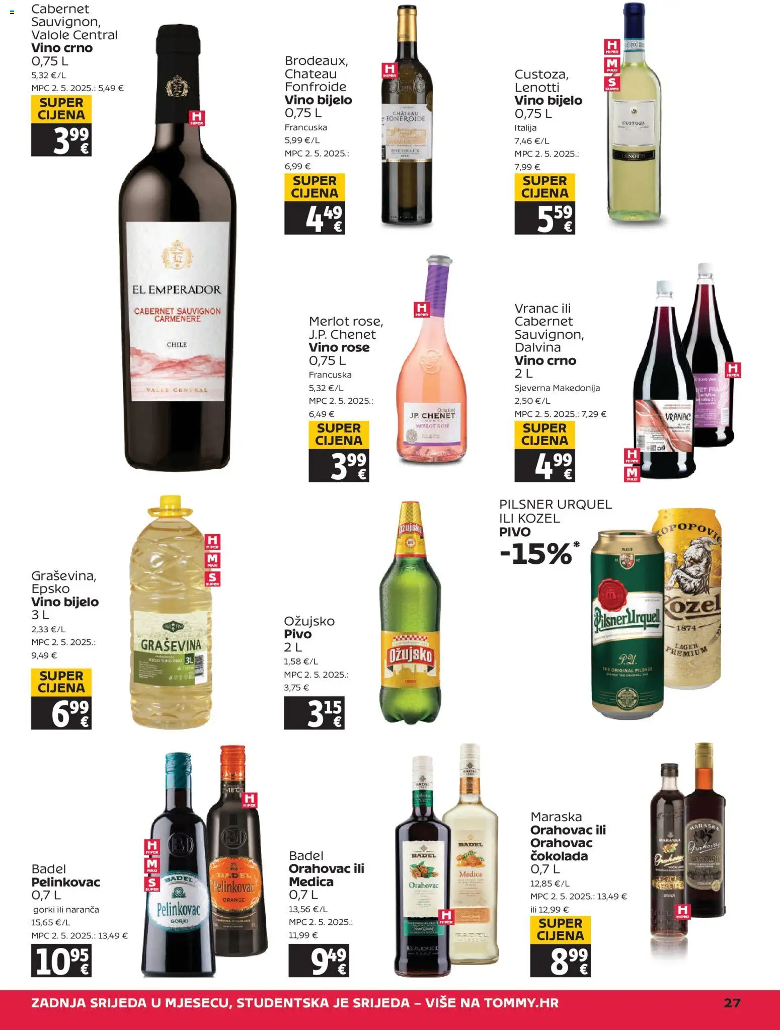 Tommy katalog | vrijedi od 23.04.2026 | Stranica: 27 | Proizvodi: Pelinkovac, Bijelo vino, Pivo, Ožujsko