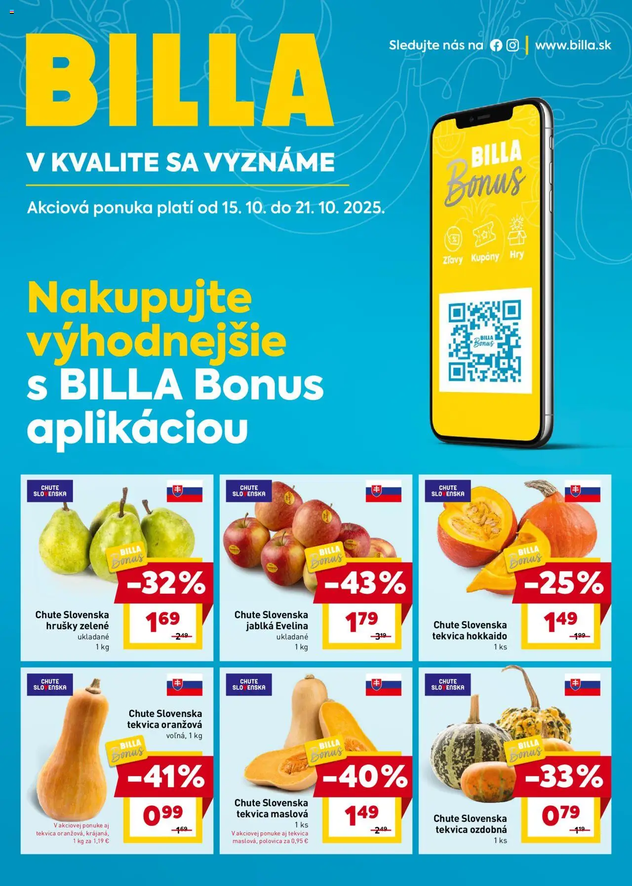 Nové Billa akcie – leták je platný od 15.10.2025 | Strana: 1 | Produkty: Jablká, Hrušky