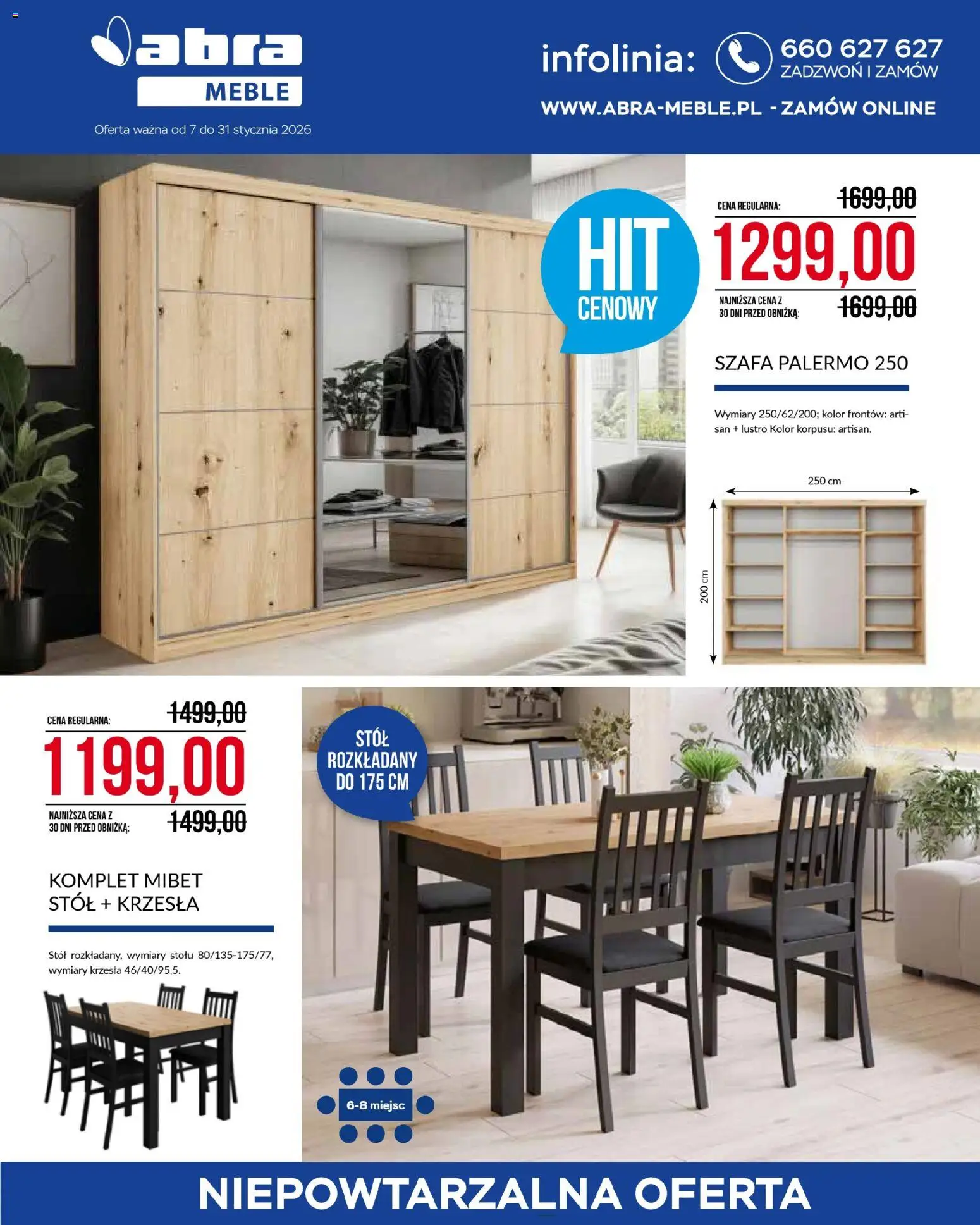 Abra meble Gazetka od 07.01.2026 | Strona: 1 | Produkty: Szafa, Stół, Lustro