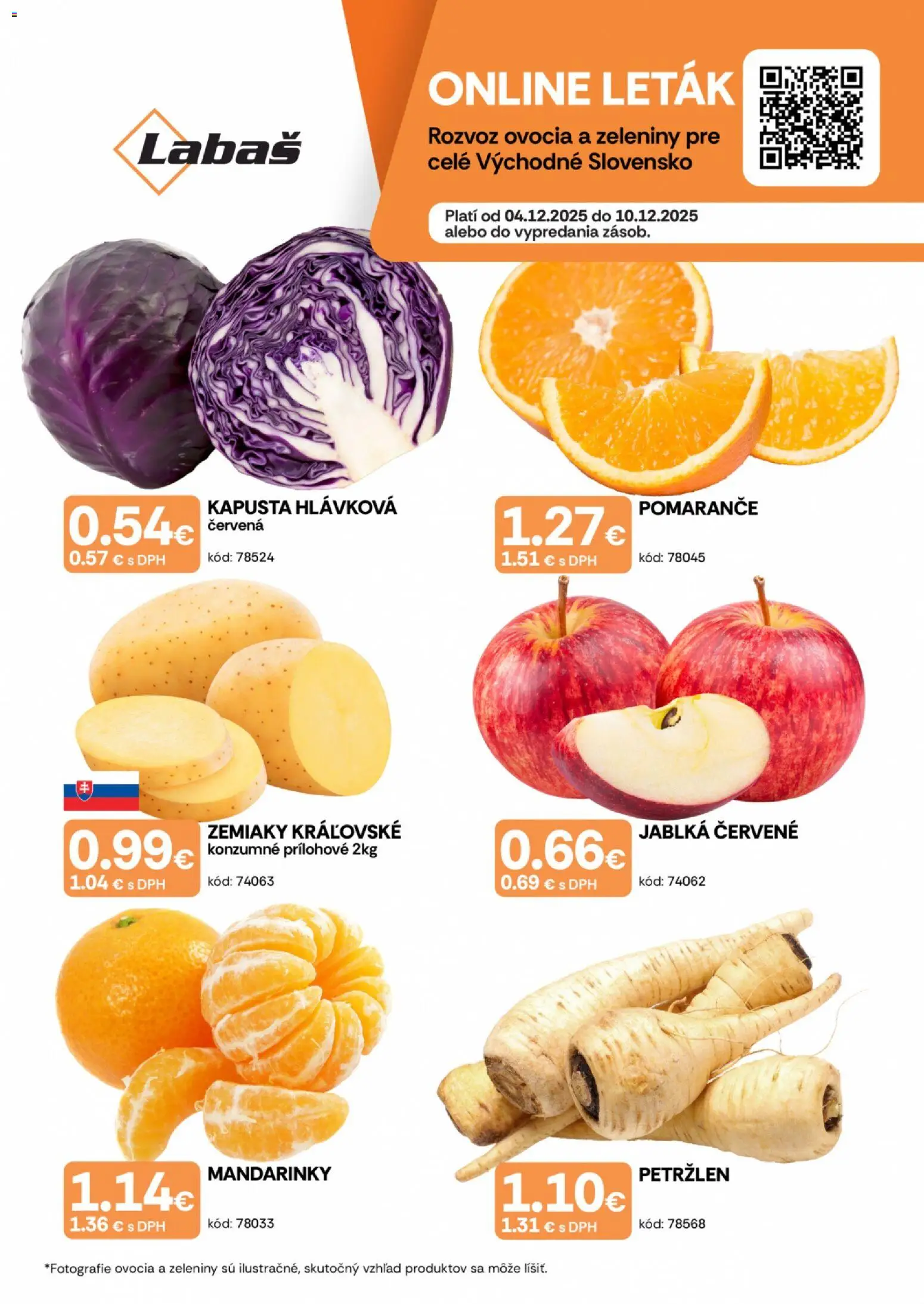 Nové Labaš akcie – leták je platný od 04.12.2025 | Strana: 1 | Produkty: Kapusta, Jablká, Pomaranče, Mandarinky