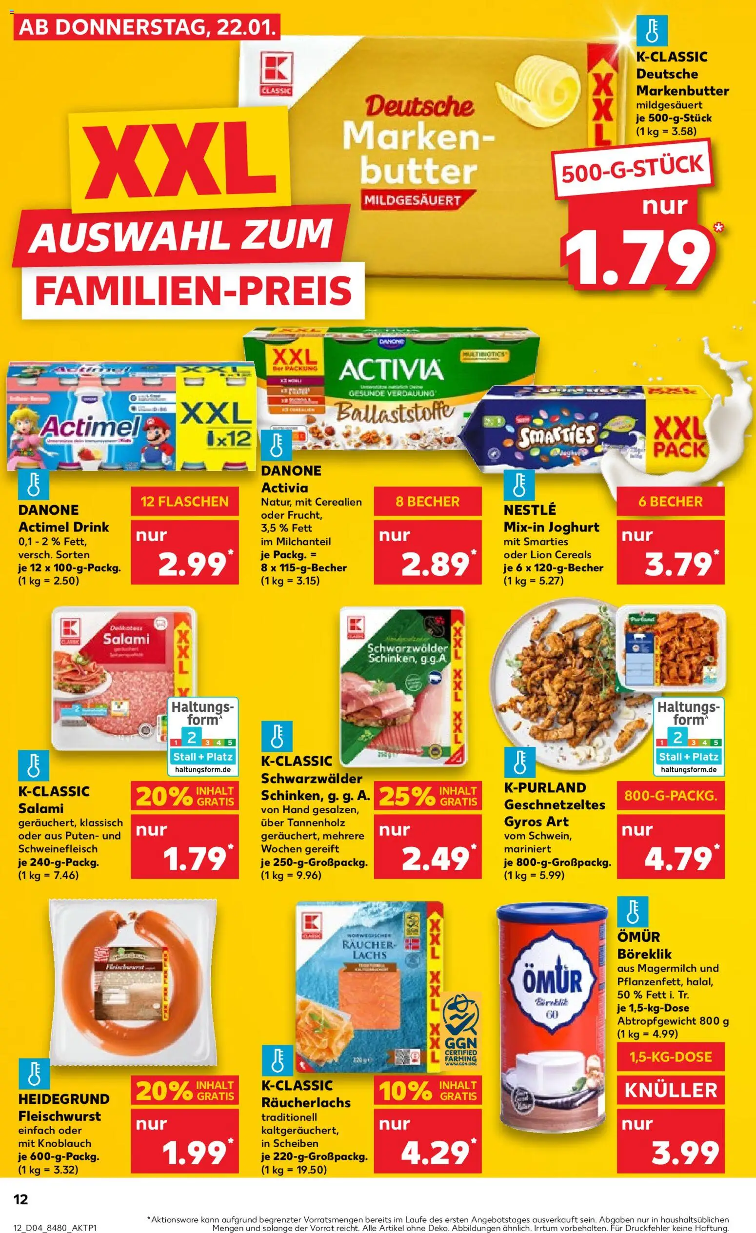 Kaufland Prospekt 	 – gültig ab 22.01.2026 | Seite: 12 | Produkte: Actimel, Joghurt, Smarties, Schweinefleisch