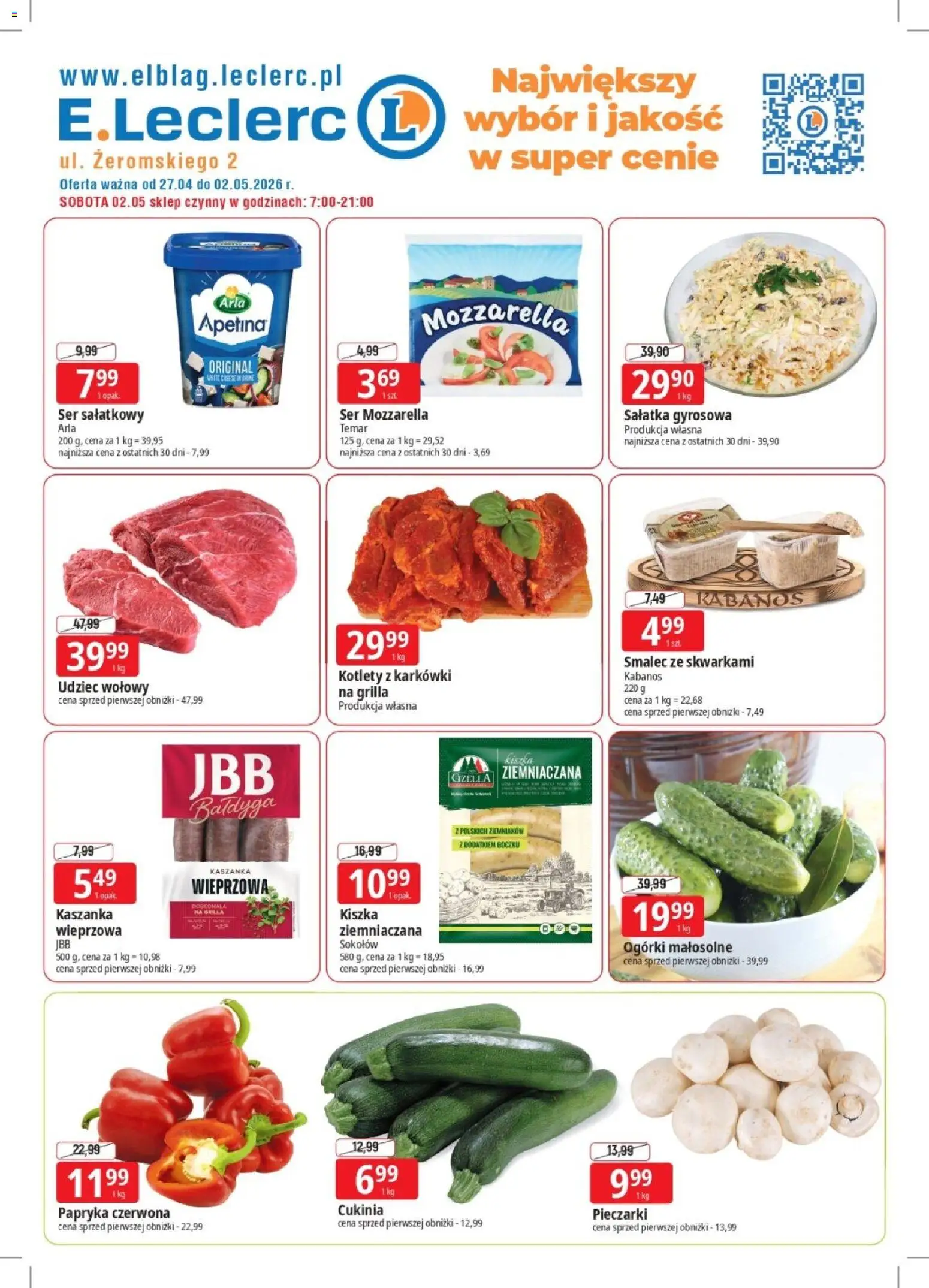 E.Leclerc gazetka - Elbląg od 27.04.2026 | Strona: 1 | Produkty: Cukinia, Ser, Papryka czerwona, Sałatka