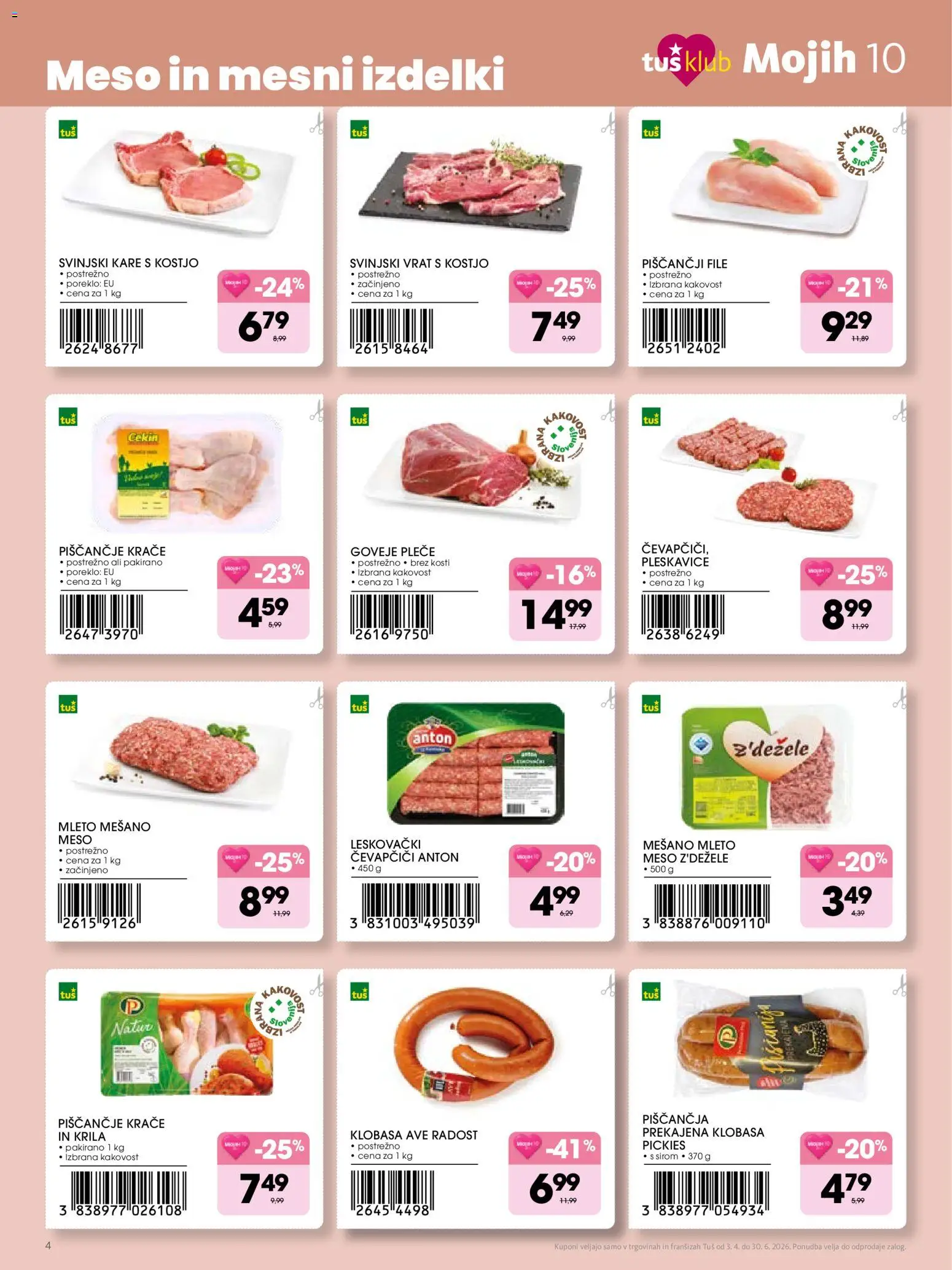 Novi Tuš katalog ponudbe – veljaven od 03.04.2026 | Stran: 4 | Izdelki: Čevapčiči, Mleto meso, Pleskavice