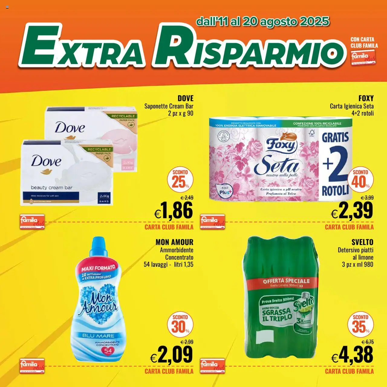 Volantino Famila del 11.08.2025 | Pagina: 4 | Prodotti: Ammorbidente, Talco, Limone, Profumo