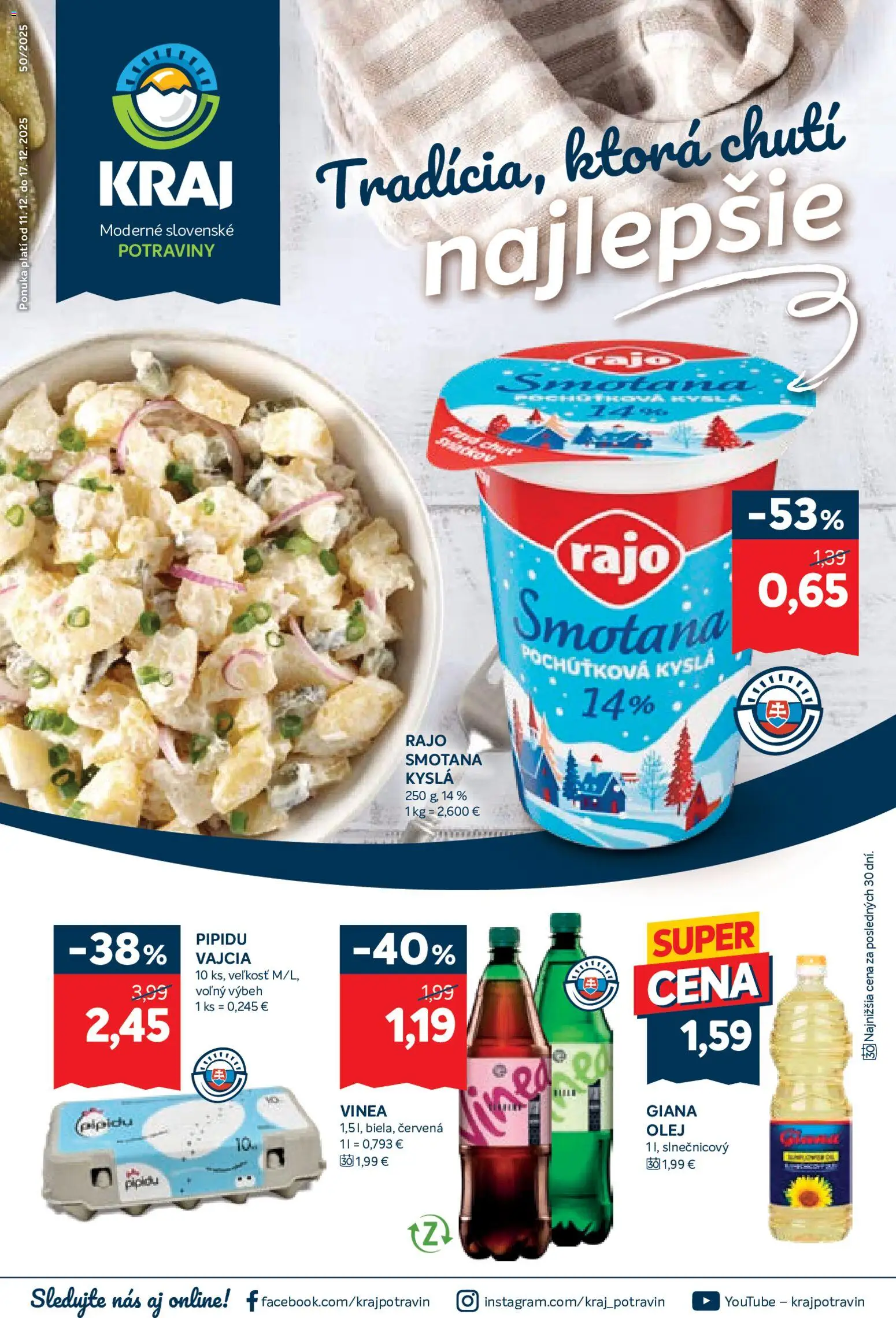 Nové Kraj akcie – leták je platný od 11.12.2025 | Strana: 1 | Produkty: Vajcia, Olej, Smotana, Vinea