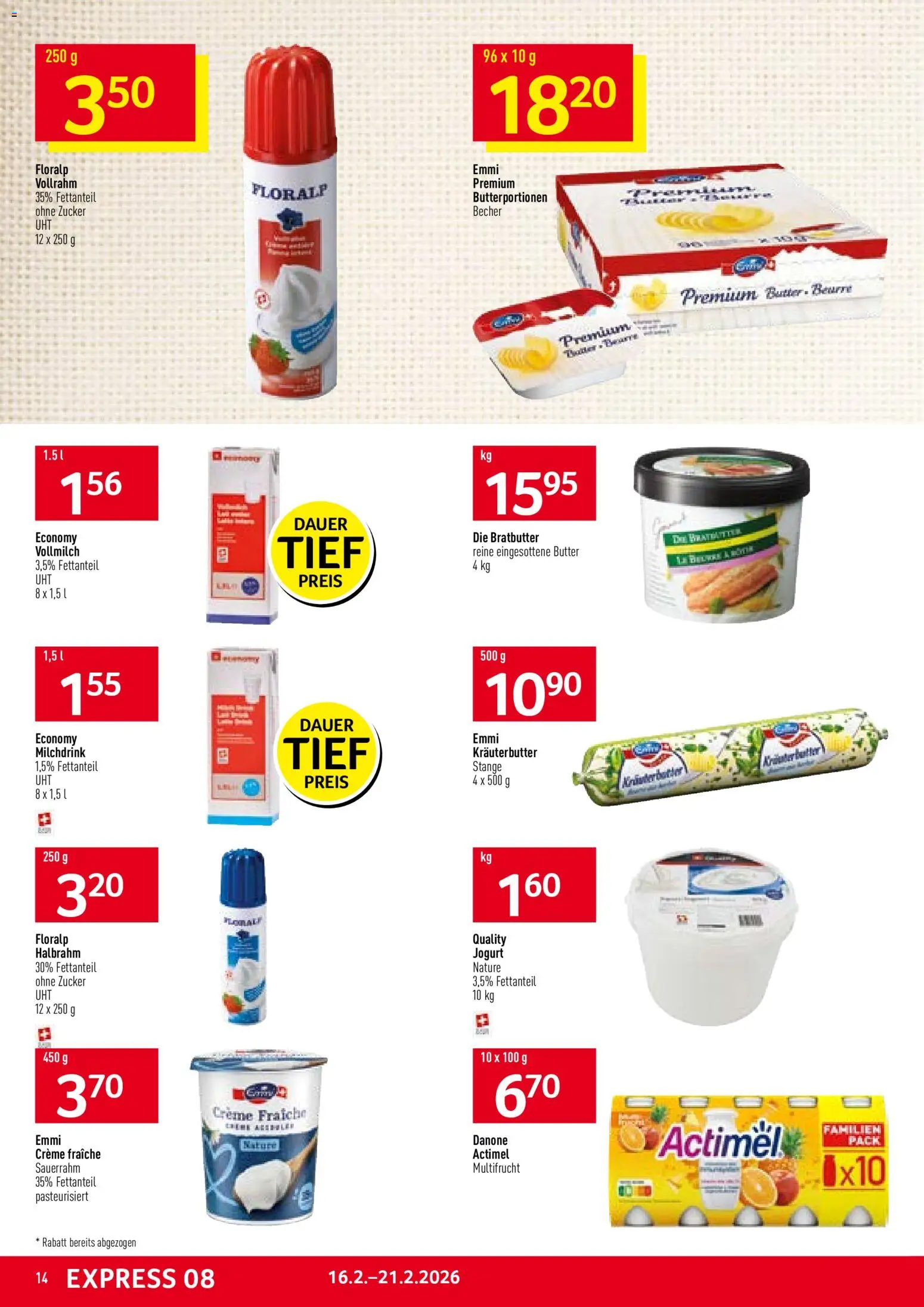 Prodega Aktionen – gültig ab 16.02.2026 | Seite: 14 | Produkte: Actimel, Sauerrahm, Zucker, Creme