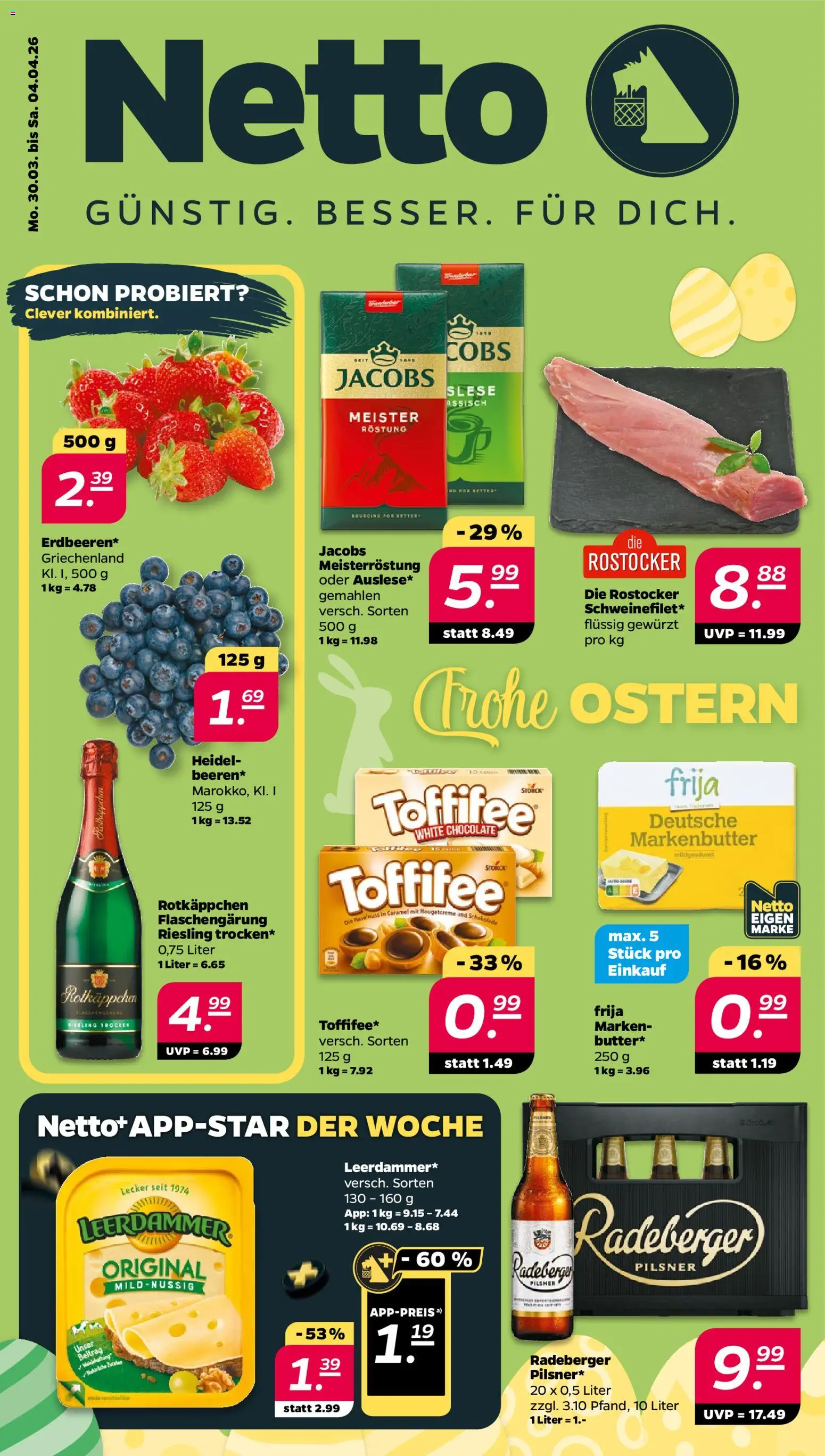 Netto Prospekt 	 – gültig ab 30.03.2026 | Seite: 1 | Produkte: Schokolade, Toffifee, Rotkäppchen, Radeberger pilsner