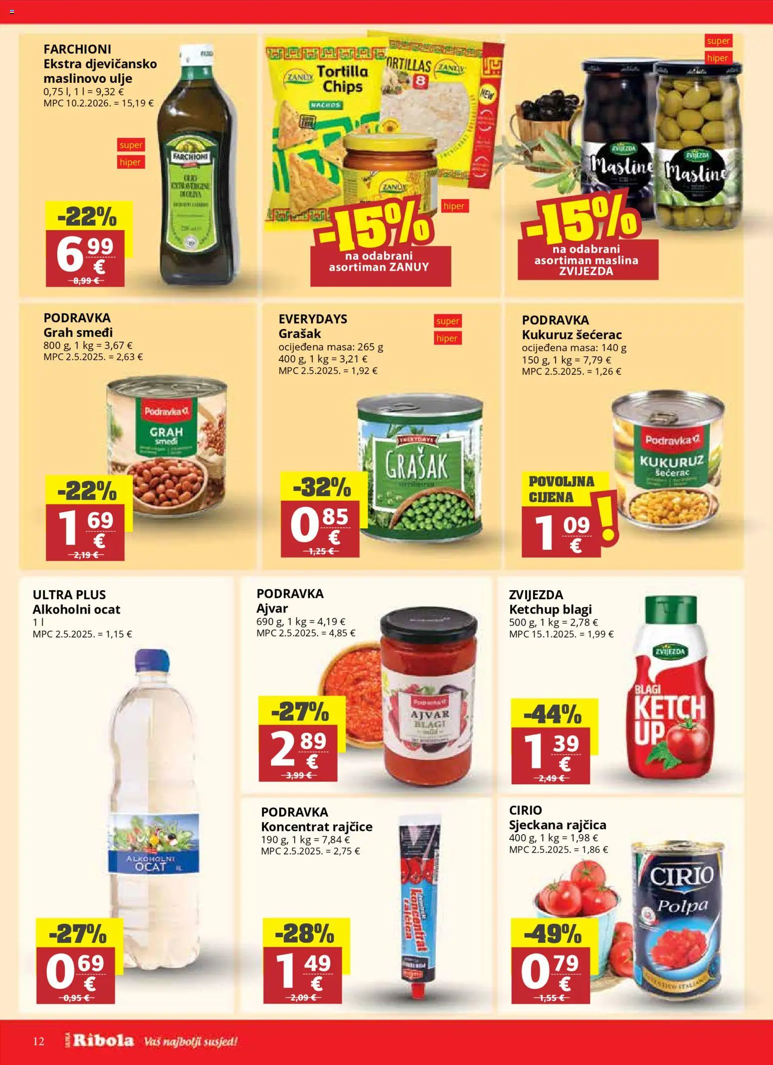 Ribola katalog | vrijedi od 08.04.2026 | Stranica: 12 | Proizvodi: Alkoholni ocat, Kukuruz, Grah, Masline