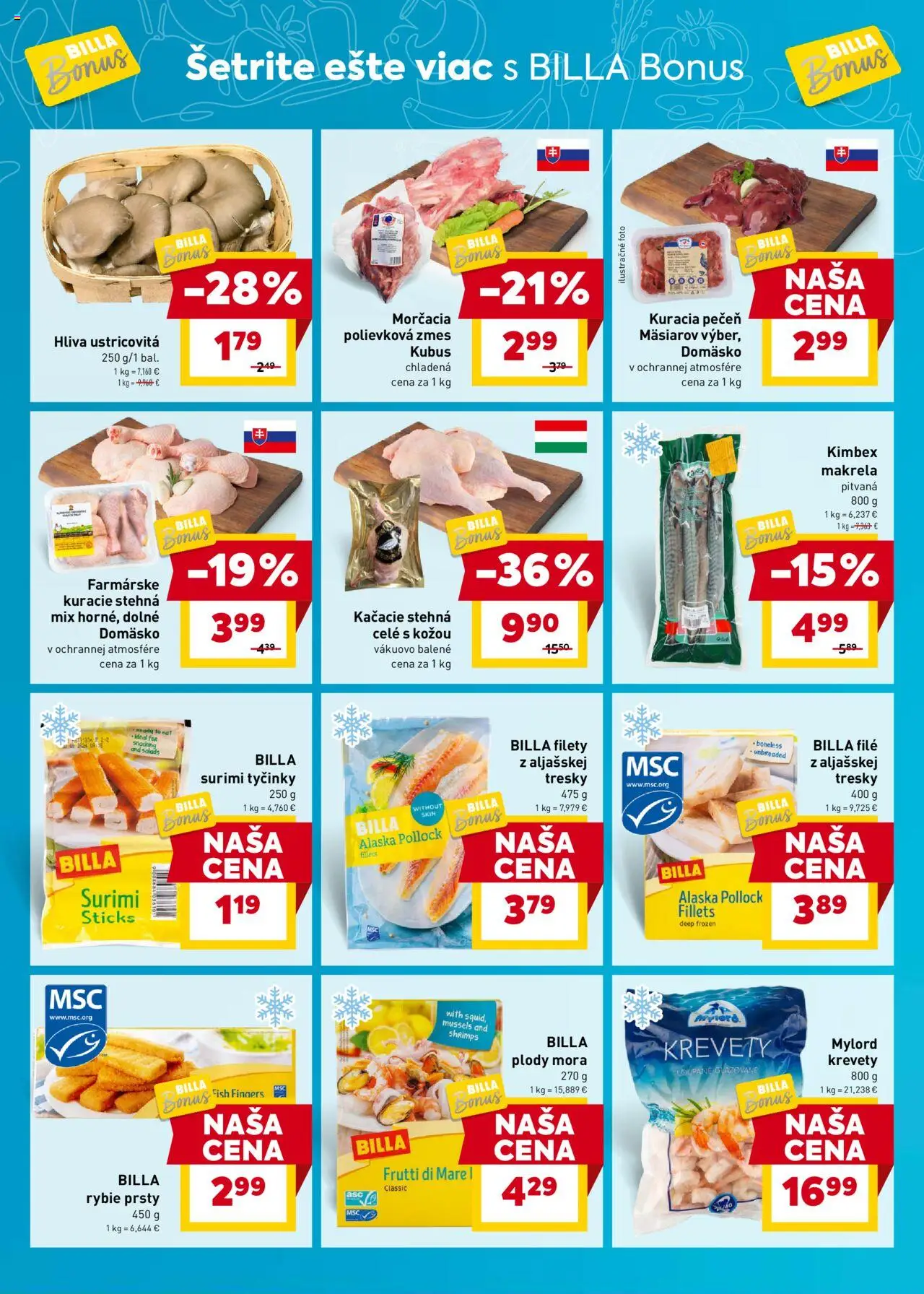 Nové Billa akcie – leták je platný od 15.10.2025 | Strana: 2 | Produkty: Krevety, Kačacie stehná, Kuracie stehná