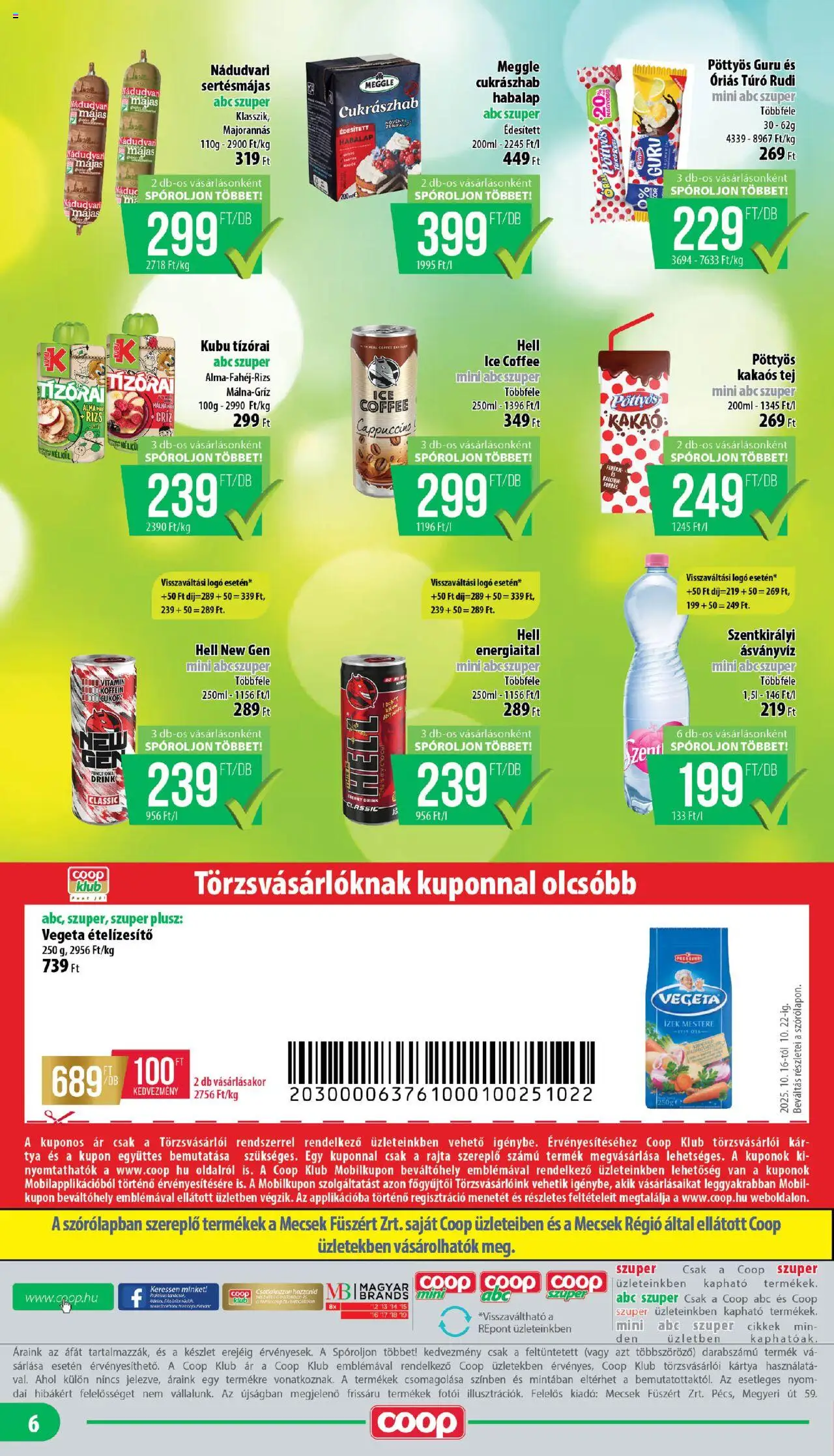 COOP akciós ujság - amely érvényes a következő dátumtól: 16.10.2025 | Oldal: 6 | Termékek: Cappuccino, Tej, Cukrászhab, Kakaós tej