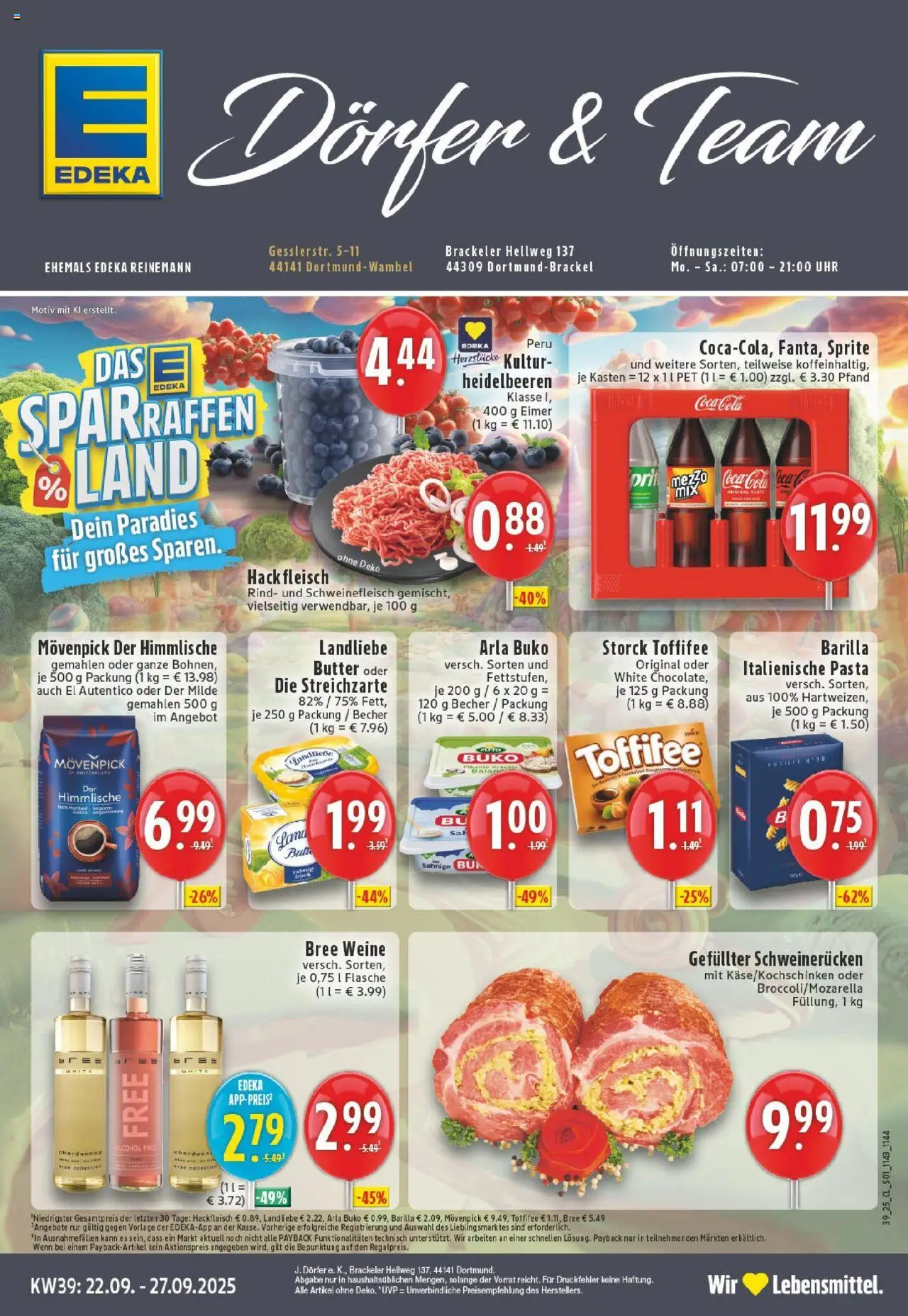 Edeka prospekt Dortmund-Brackel	 – gültig ab 21.09.2025 | Seite: 1 | Produkte: Coca cola, Butter, Landliebe butter, Heidelbeeren